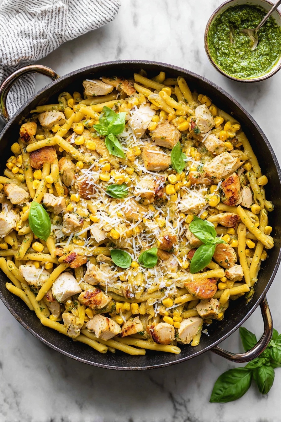 A black pan filled with a pasta dish showing about four layers: at the bottom is cooked pasta tubes in a light yellow color mixed evenly with bright yellow sweet corn kernels, on top scattered light brown chunks of cooked chicken, a sprinkle of grated white cheese creating a soft textured layer over the pasta and chicken, and fresh green basil leaves placed delicately around the pan. Next to the pan is a small bowl of green pesto sauce with a silver spoon inside, and the pan sits on a white marbled surface. photo taken with an iphone --ar 2:3 --v 7