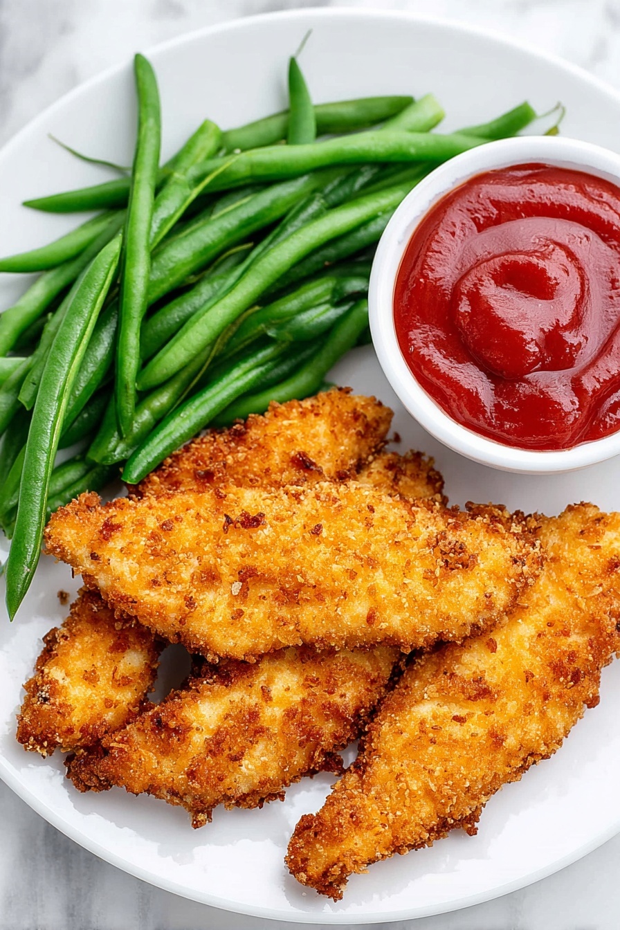 A white plate on a white marbled surface holds three golden brown crispy chicken strips with a rough, crunchy texture. To the top left of the chicken strips, there is a pile of bright green fresh green beans, smooth and shiny. On the right side of the plate, a small white bowl is filled with thick, smooth red ketchup, slightly swirled on top. The plate is well arranged with the green beans covering the top left corner, the chicken strips at the bottom, and the bowl of ketchup on the right, creating a colorful and balanced look. photo taken with an iphone --ar 2:3 --v 7