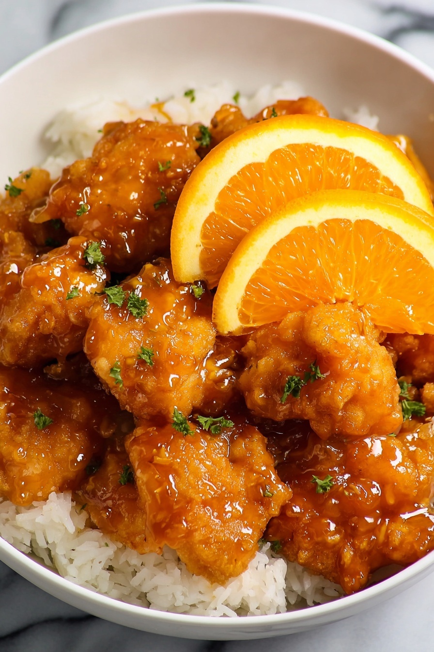 A white bowl filled with a base layer of soft, white rice topped with several pieces of golden brown fried chicken coated in a shiny, thick orange sauce. Two bright orange slices sit on top of the chicken, adding a fresh and colorful contrast to the rich sauce and crispy texture beneath. The background is a white marbled texture. photo taken with an iphone --ar 2:3 --v 7