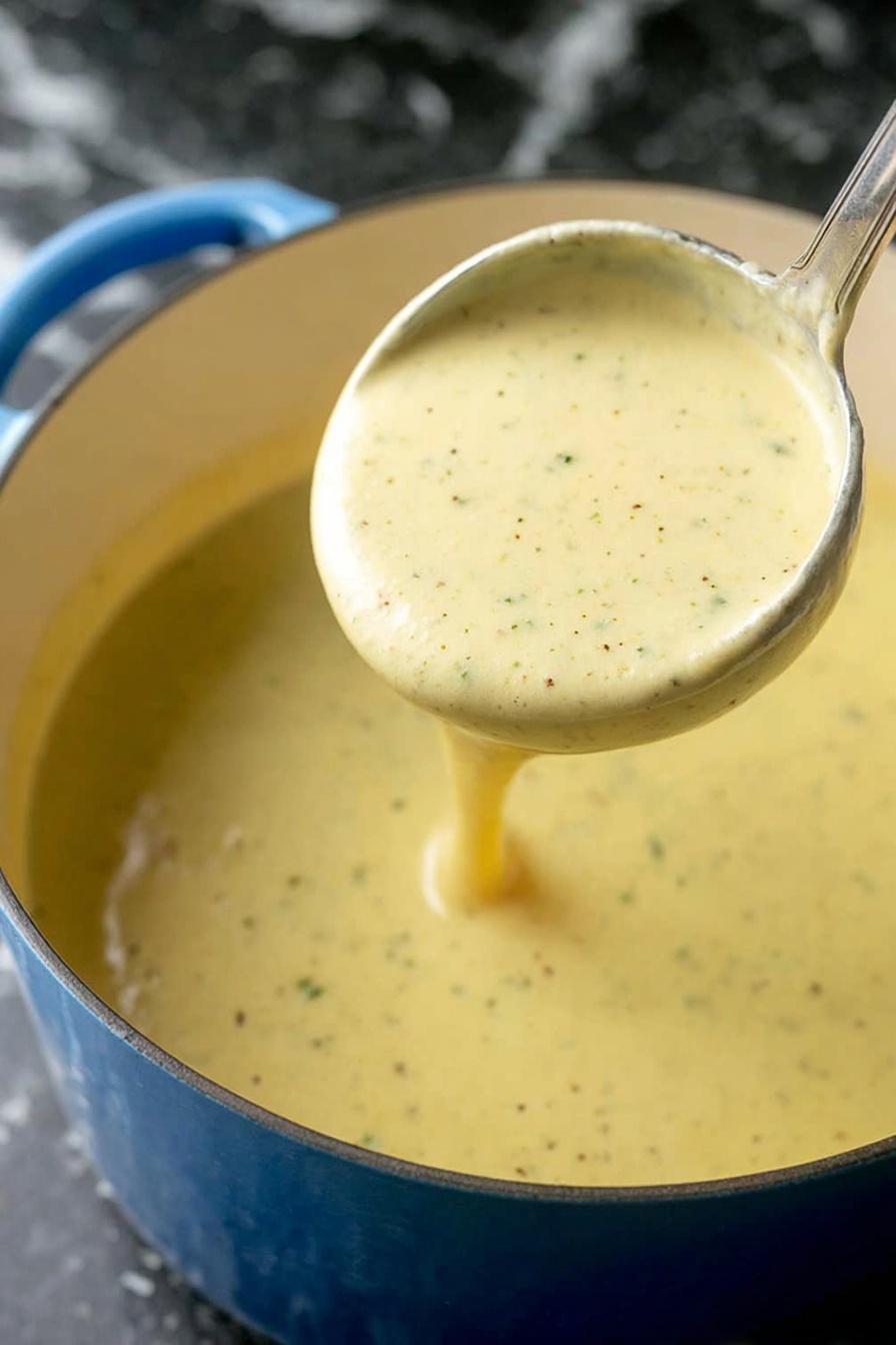 A close-up of thick, creamy sauce with a pale yellow color and small specks of black pepper and herbs, being lifted by a silver ladle inside a blue enamel pot. The sauce has a smooth texture with visible seasoning throughout, filling the pot almost to the brim. The background and surface are changed to a black marbled texture. photo taken with an iphone --ar 2:3 --v 7
