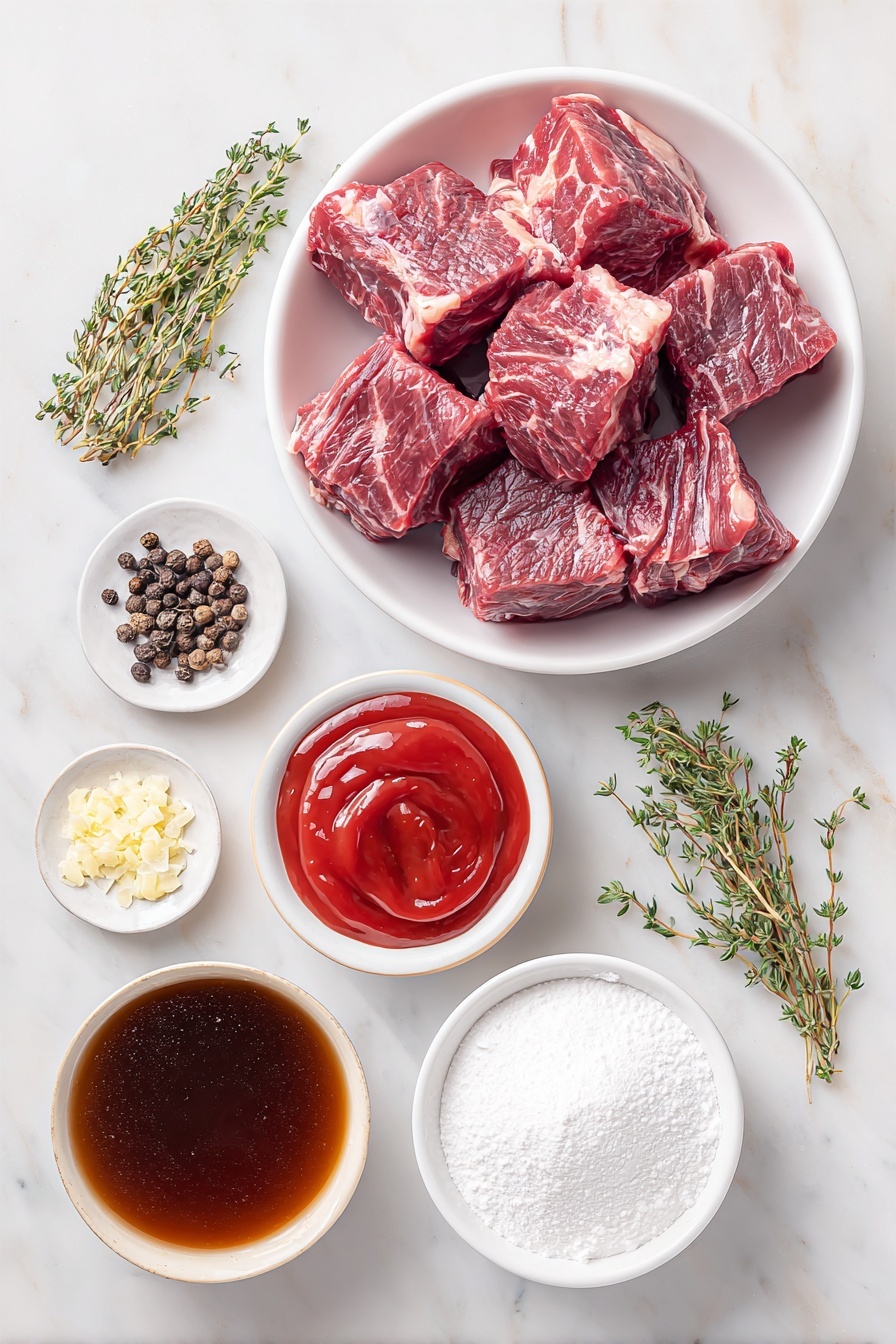 Flat lay of fresh raw beef stew meat chunks, a small pile of coarse sea salt crystals, black peppercorns scattered neatly, dried thyme sprigs, a small mound of minced garlic cloves, a neat heap of dried onion soup mix powder, a small white ceramic bowl with rich brown beef broth, a small white bowl filled with bright red ketchup, a small white bowl containing dark Worcestershire sauce, and a small white bowl of white cornstarch powder, all arranged in perfect symmetry on a clean white marble surface, soft natural light, photo taken with an iPhone, professional food photography style, fresh ingredients, white ceramic bowls, no bottles, no duplicates, no utensils, no packaging --ar 2:3 --v 7 --p m7354615311229779997