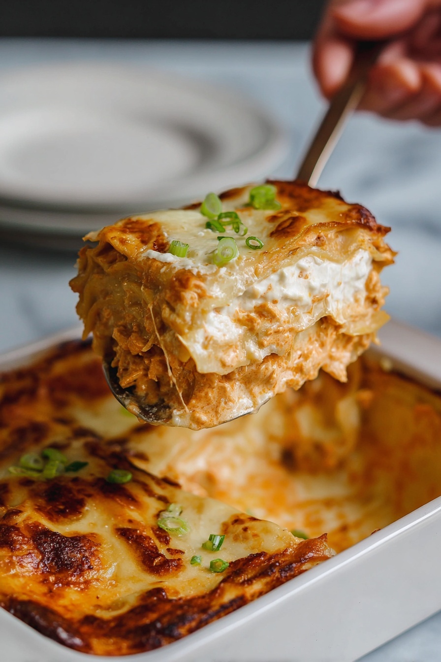 A serving of lasagna is being lifted from a white baking dish by a spoon held with a woman's hand, showing multiple layers: a browned and slightly crispy cheese top layer, a thick creamy white sauce layer beneath it, followed by a dense, orange-colored sauce with small chunks mixed through, then another layer of creamy white sauce with pasta sheets visible in between; small pieces of green onion garnish are on top of the cheese layer. The dish rests on a white marbled surface, with a white plate partially visible nearby. Photo taken with an iphone --ar 2:3 --v 7