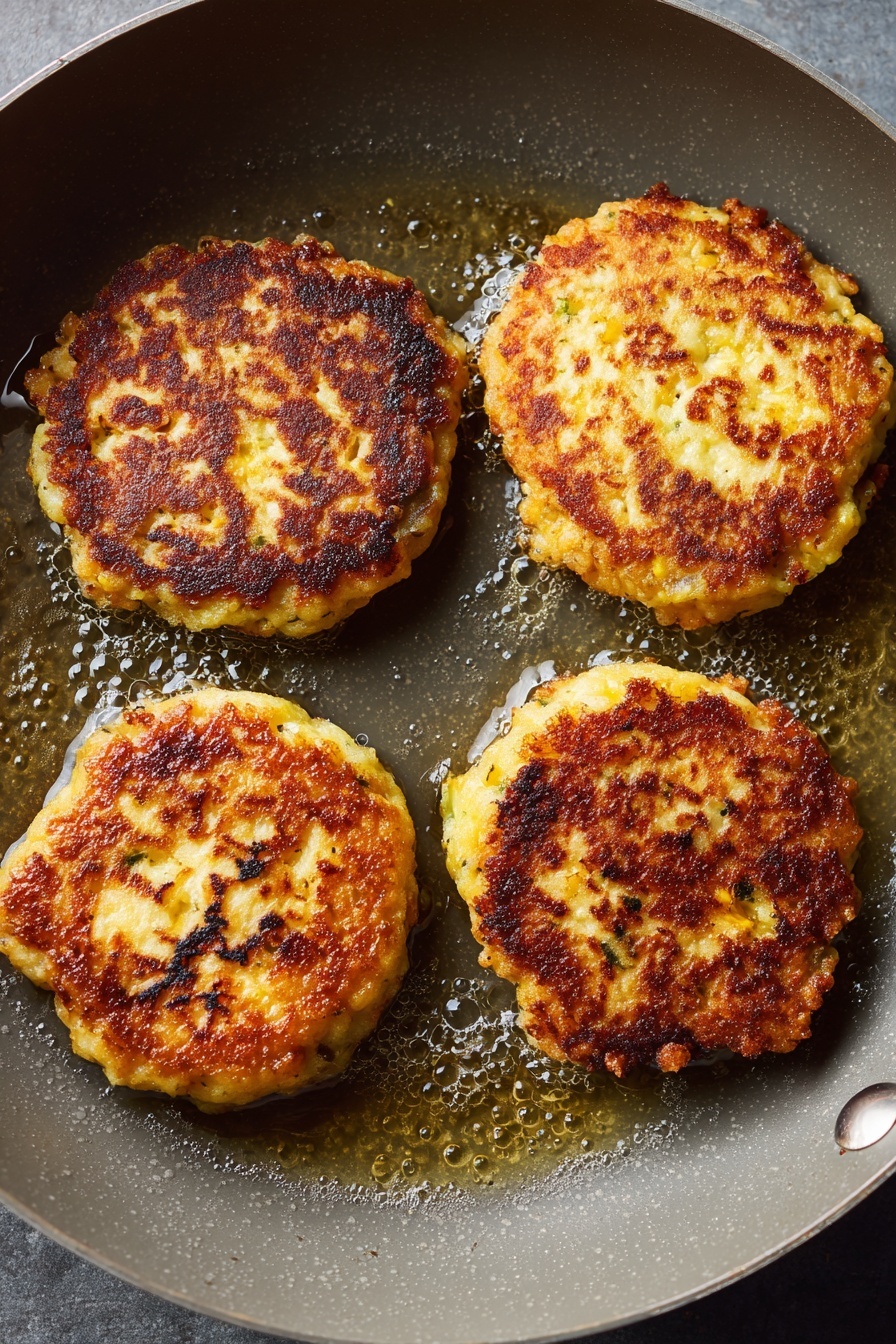 A single browned, crispy patty with orange and golden tones sits centered on a white plate, topped with a thick, creamy beige sauce speckled with small green herbs. The patty's texture looks slightly rough with charred spots. A silver fork rests on the bottom right edge of the plate. Behind the plate, there is a white bowl filled with more creamy sauce that has another patty partially visible inside. Both dishes are placed on a light gray cloth with frayed edges, all set on a white marbled surface. Photo taken with an iphone --ar 2:3 --v 7