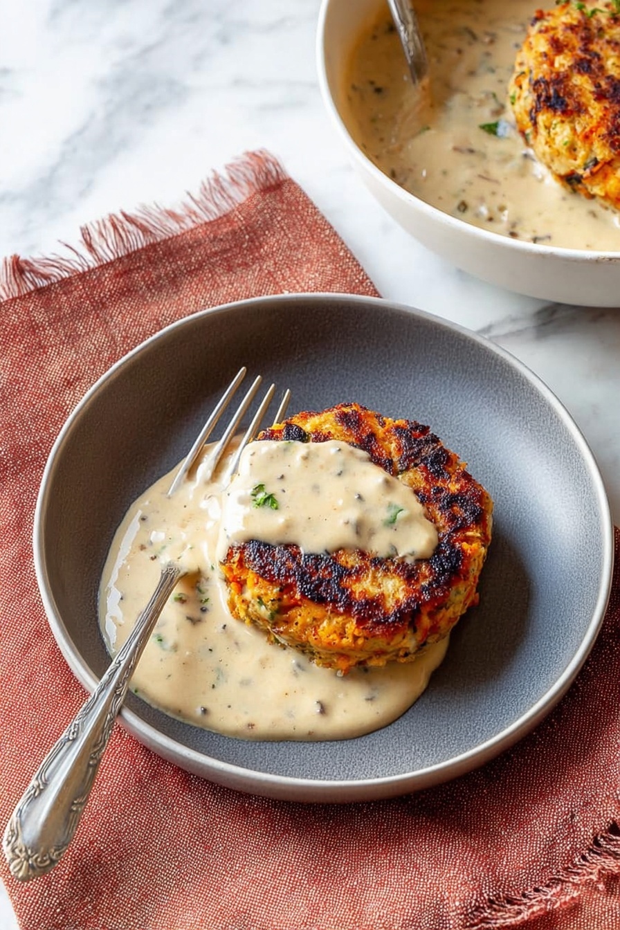 Four golden-brown patties frying in a gray pan, each with uneven, rough edges and a slightly crispy surface. Two patties show darker brown spots from more cooking, while the other two are lighter with bright yellow bits visible inside. The pan holds some shiny oil around the patties, reflecting light on a smooth gray cooking surface. photo taken with an iphone --ar 2:3 --v 7