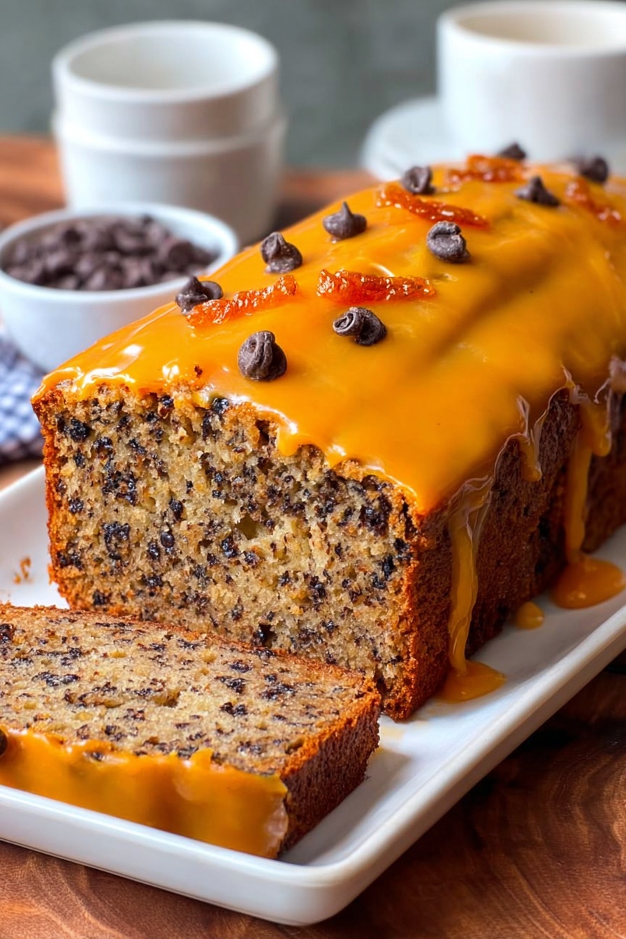 The image shows a loaf cake placed on a metal tray. The cake has two visible layers: the bottom layer is dense and moist with a speckled texture of dark chips inside, light brown in color. The top layer is a smooth, thick, shiny orange frosting that drips slightly down the sides. Small dark chocolate chips and thin pieces of dried fruit decorate the frosting unevenly. In the background, there is a white bowl and a white small dish filled with more dark chocolate chips, all set on a white marbled surface. Photo taken with an iphone --ar 2:3 --v 7