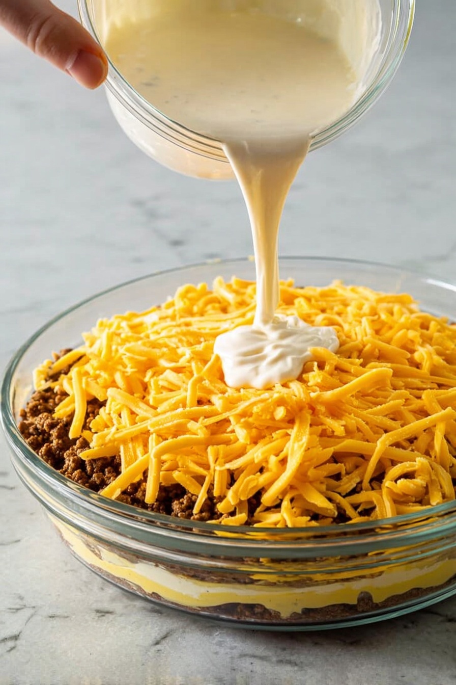 A close-up of a slice of layered pie on a white plate with a decorative edge, showing three layers: the bottom layer is a crumbly, brown meat mixture, the middle layer is melted yellow cheese, and the top layer is a smooth, bright yellow layer topped with red sauce drizzled in lines. A silver fork held by a woman's hand is lifting a bite from the pie slice. Next to the pie is a small piece of green pickle. The background has a white marbled surface with a blurred round pie dish behind. photo taken with an iphone --ar 2:3 --v 7