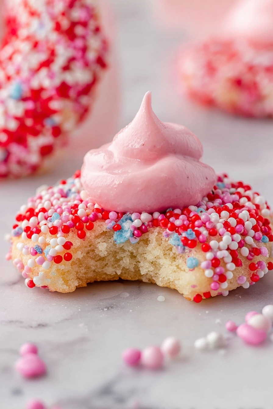 A clear glass bowl filled with thick, light beige dough mixed with small colorful sprinkles scattered throughout. Around the bowl on a white marbled surface are small white bowls holding bright pink sugar crystals and round pink and white sprinkles. To the upper right, a small white plate with a gold rim holds a wooden coaster topped with a broken eggshell. Above the bowl, three small foil-wrapped candies in shiny purple wrappers are placed. A light wooden tray is partially visible at the top left corner. The photo is taken with an iphone --ar 2:3 --v 7
