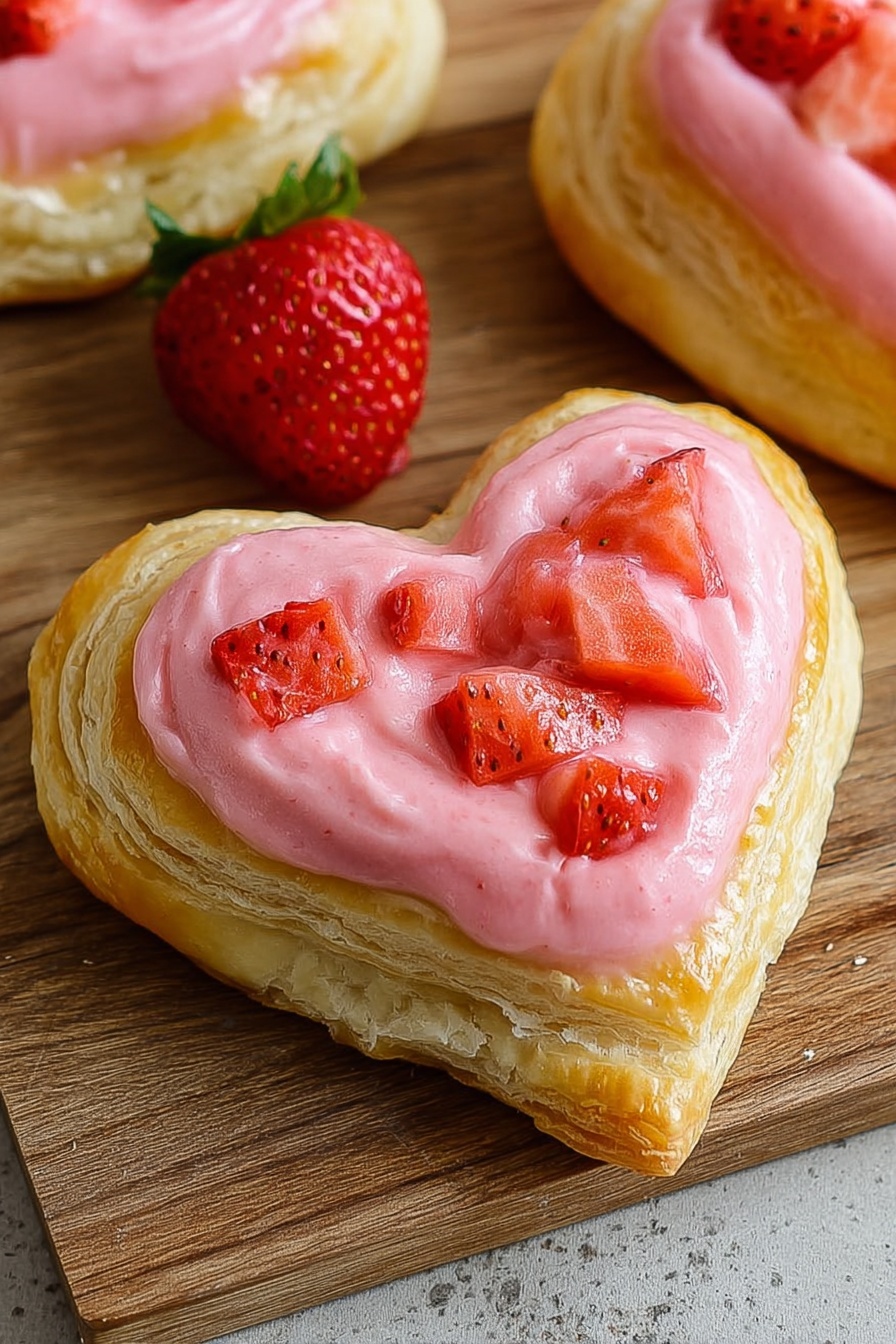 The image shows a heart-shaped pastry with two main layers. The bottom layer is a light golden, flaky pastry with soft, slightly puffed edges. On top is a thick layer of smooth, bright pink cream that fills the heart shape almost to the edges. Scattered on the pink cream are small pieces of fresh red strawberries, adding texture and color contrast. The pastries sit on a wood texture surface with a whole strawberry placed nearby. photo taken with an iphone --ar 2:3 --v 7