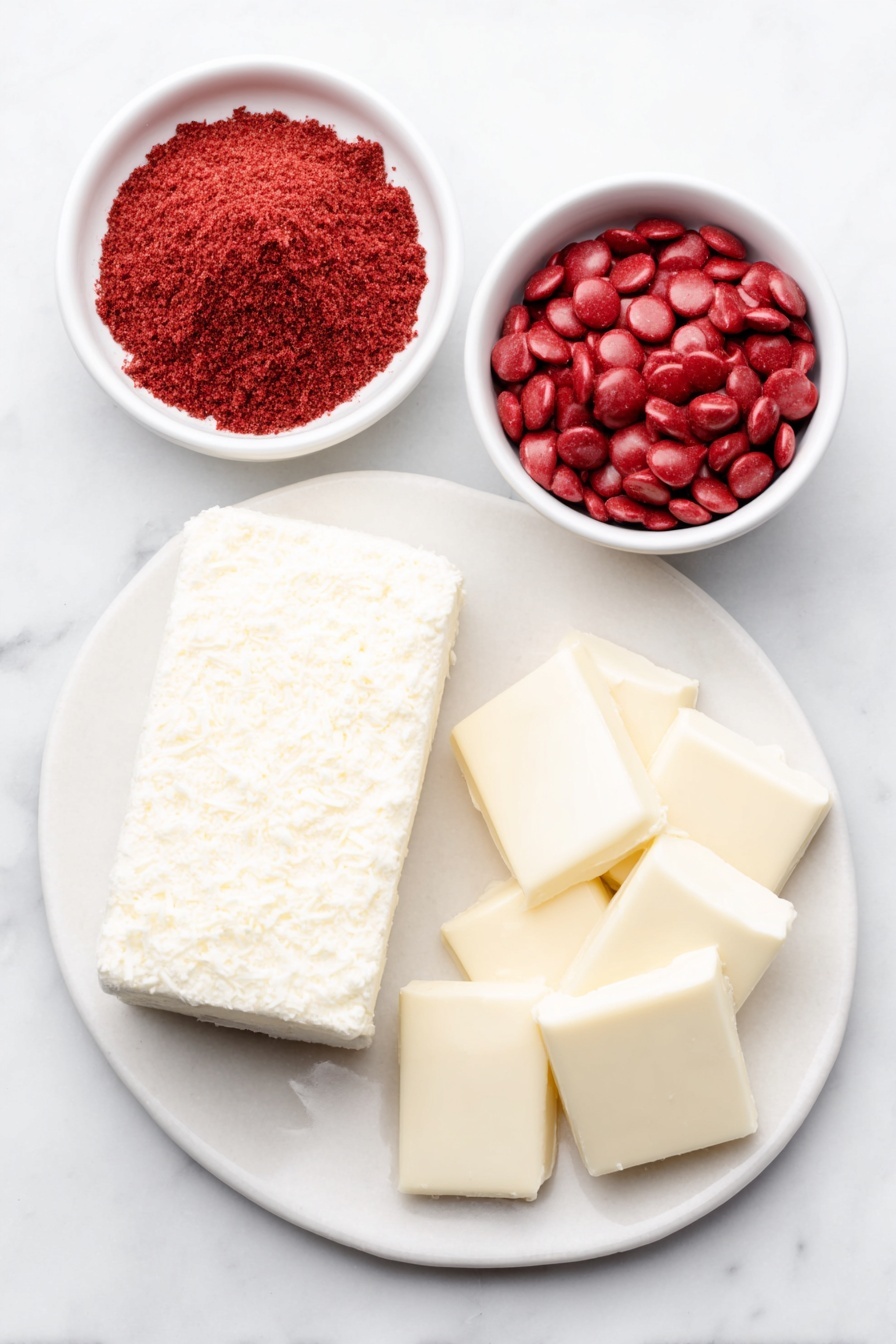 Flat lay of a small mound of fine red velvet cake mix powder on a simple white ceramic plate, a block of creamy white cream cheese resting on a white ceramic dish, a handful of smooth white almond bark pieces arranged neatly on a white ceramic bowl, a small white ceramic bowl filled with vibrant red candy melts, placed on a clean white marble surface, soft natural light, photo taken with an iPhone, professional food photography style, fresh ingredients, white ceramic bowls, no bottles, no duplicates, no utensils, no packaging --ar 2:3 --v 7 --p m7354615311229779997