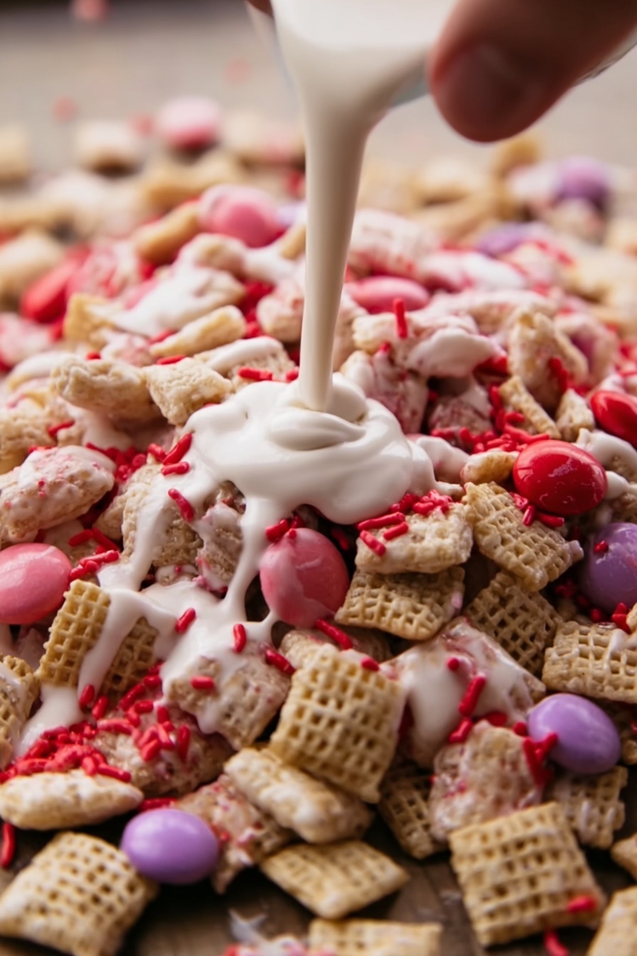 The image shows a close-up of a snack mix with several layers and textures. The base is made of square, light tan cereal pieces, mixed with pink, red, and purple round candy-coated chocolates. There are small red sprinkles scattered throughout. On top, a thick white drizzle, resembling melted white chocolate, is being poured over the snack mix by a woman's hand. The whole scene is set on a wood-textured surface. Photo taken with an iphone --ar 2:3 --v 7