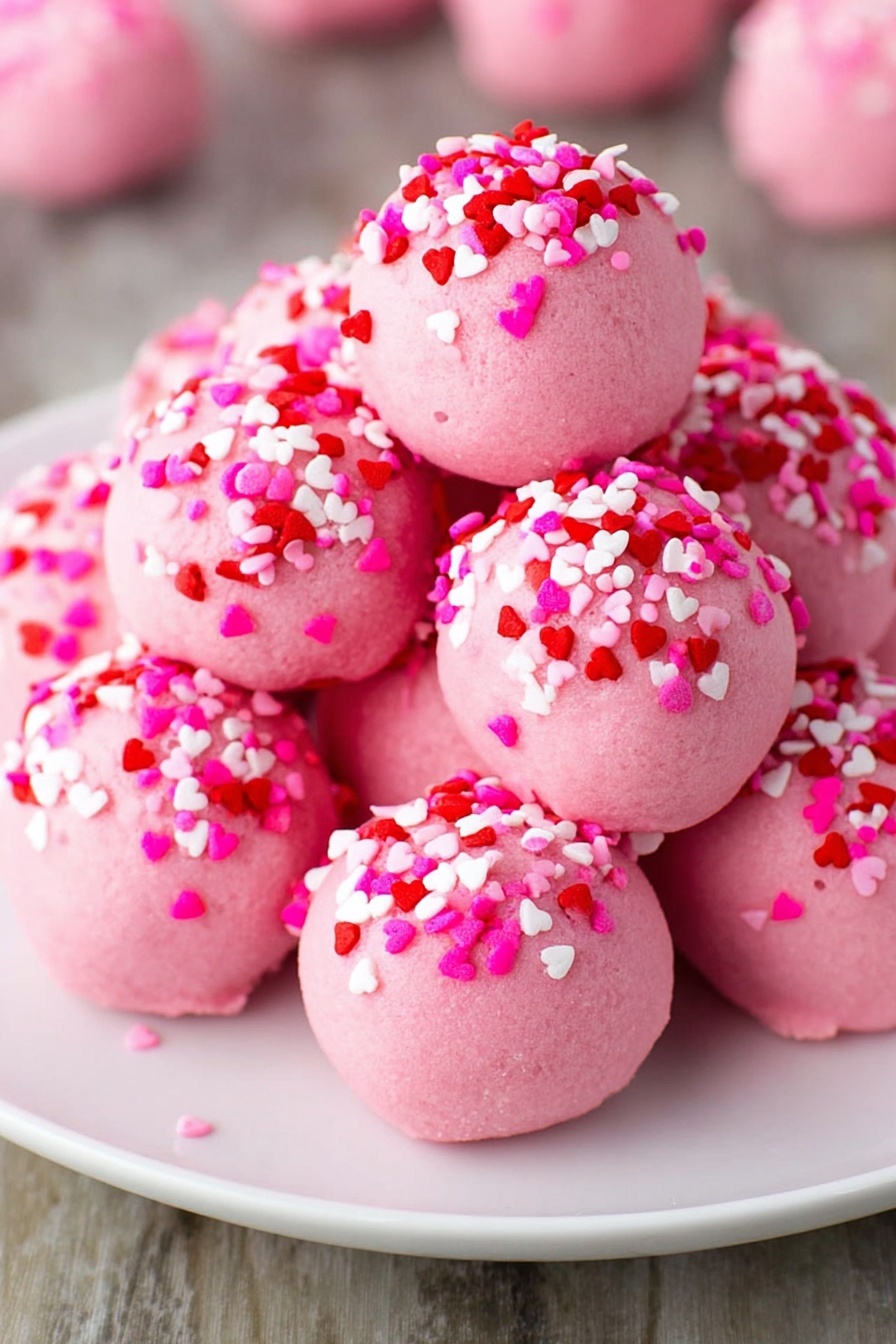 A pile of round pink balls covered fully with smooth pink coating and topped with small heart-shaped sprinkles in red, pink, and white colors. The balls are stacked closely on a white plate, sitting on a wood texture surface. The background shows more of these pink balls out of focus, placed randomly. Photo taken with an iphone --ar 2:3 --v 7