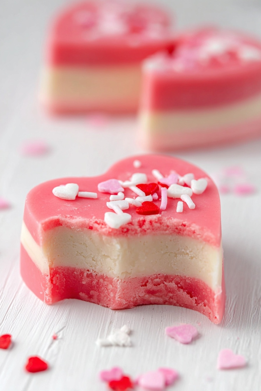 The image shows a heart-shaped sweet treat with three layers placed on a white surface with wood texture in the background. The top layer is pink with small white, pink, and red heart-shaped sprinkles scattered on it. The middle layer is a smooth cream color, while the bottom layer is a lighter pink tone. A bite is taken from the front, showing the texture and thickness of each layer. In the background, two more heart-shaped treats are visible but out of focus. Photo taken with an iphone --ar 2:3 --v 7