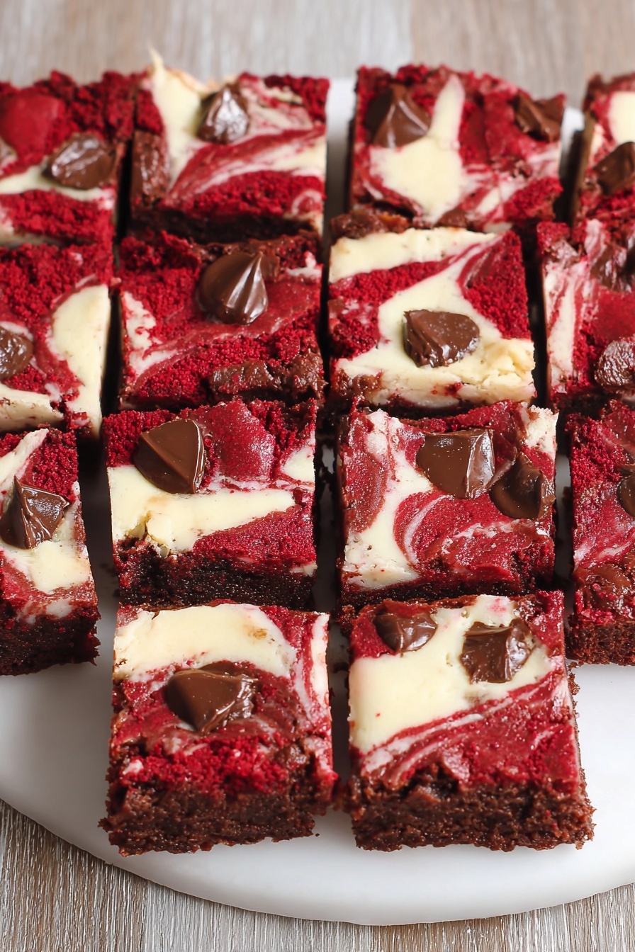 The image shows sixteen square pieces of a marbled dessert arranged neatly on a white round plate over a wood texture surface. Each piece has three visible layers: a deep red layer with a slightly rough and cracked surface, a creamy white layer swirled into the red layer creating a marbled effect, and patches of dark brown melted chocolate scattered on top. The red layer looks soft and moist, contrasting with the smooth cream layer, and the chocolate adds shiny spots. The squares are evenly cut and closely placed next to each other. Photo taken with an iphone --ar 2:3 --v 7