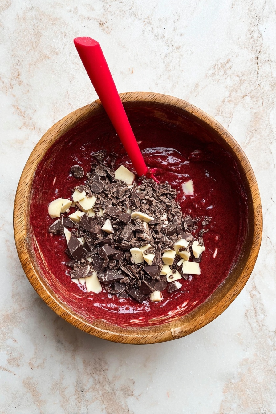 A stack of three red cookies with visible white and milk chocolate chunks inside and on top, showing a soft and moist texture with melted milk chocolate spreading through the middle layers. The cookies are placed on a metal cooling rack over a white marbled surface, with more similar cookies blurred in the background. The red color is bright, and the texture looks rich and slightly crumbly. photo taken with an iphone --ar 2:3 --v 7