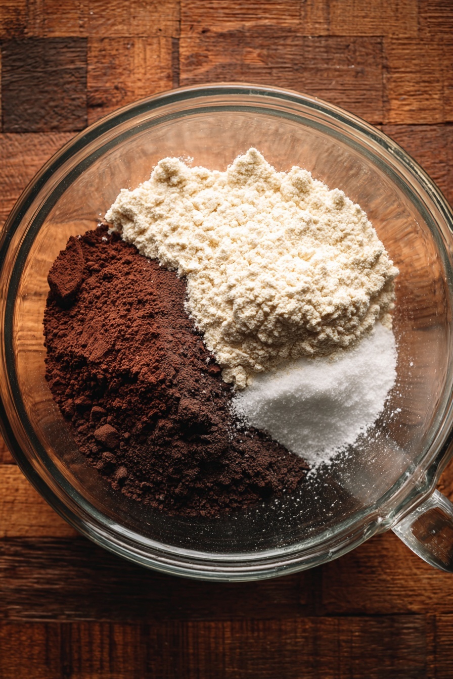 A slice of dark chocolate cherry cake sits on a white plate, showing three layers: the bottom layer is dense and moist dark chocolate with embedded cherries visible inside; the middle layer is slightly crumbly but rich chocolate cake; the top layer is a glossy white cream with red cherry sauce drizzled over it and a single ripe cherry with stem placed at the top center. Around the plate are scattered chocolate chips and a few fresh cherries with stems. The background is a white marbled texture. Photo taken with an iphone --ar 2:3 --v 7