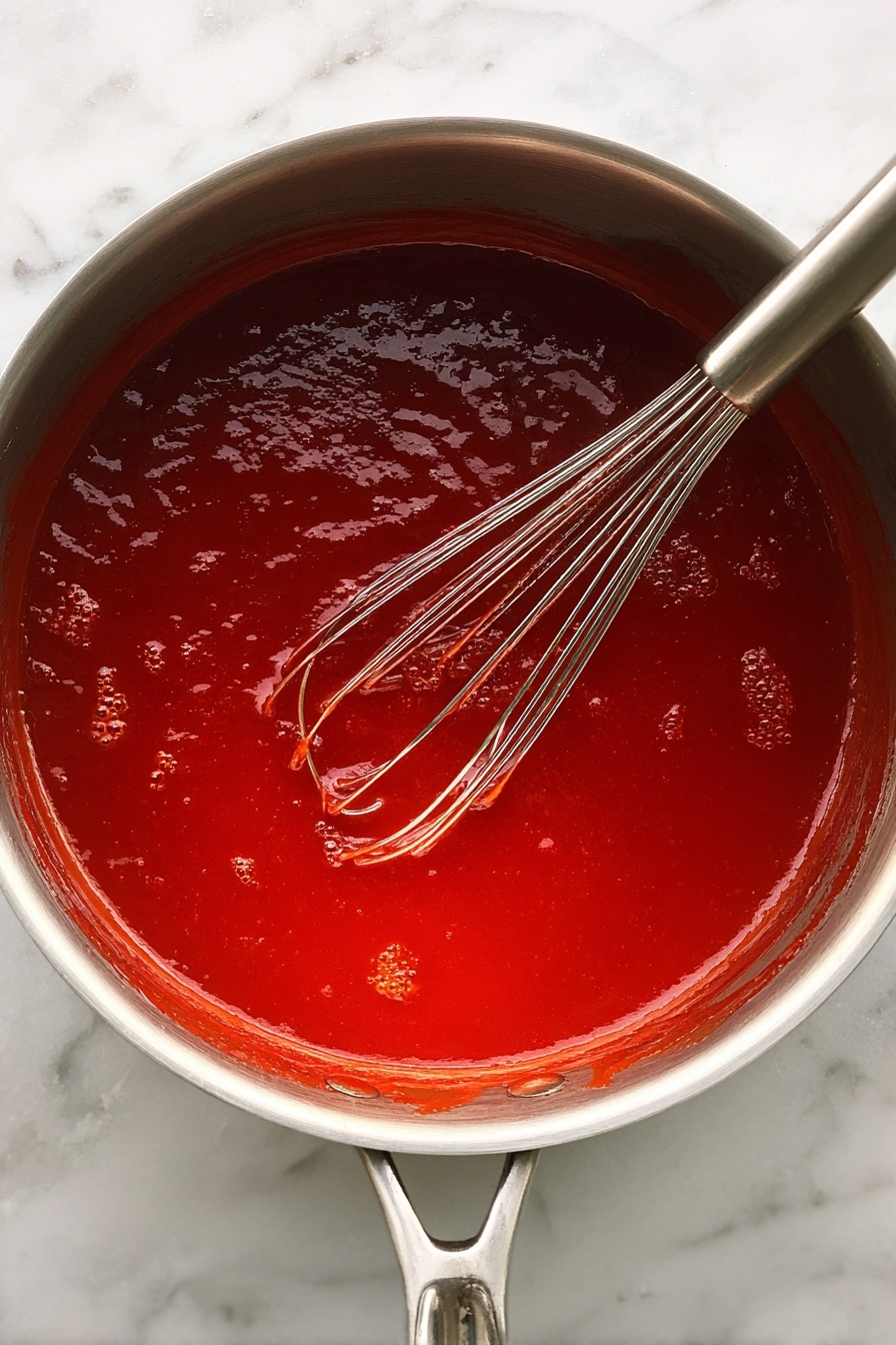 A bright red bowl filled with popcorn covered in red candy coating, white drizzled glaze, and topped with small red candy pieces and white candy chips scattered throughout. The popcorn pieces are glossy and clustered, showing various textures from smooth candy coating to crunchy popcorn. Some popcorn spills over around the bowl on a white marbled surface. The background includes a blurred box with red and orange colors. Photo taken with an iphone --ar 2:3 --v 7