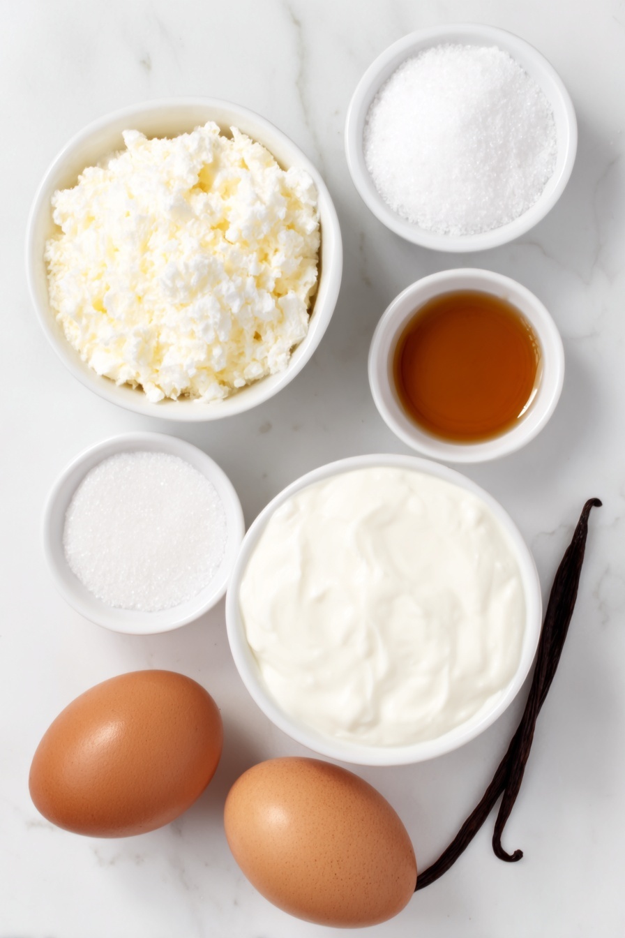 Flat lay of two brown eggs with clean uncracked shells, one small white ceramic bowl of heavy cream, one small white ceramic bowl of granulated sugar, one small white ceramic bowl of kosher salt, half a vanilla bean with visible seeds, one small white ceramic bowl of vanilla extract, all arranged symmetrically with perfect proportions, placed on a clean white marble surface, soft natural light, photo taken with an iPhone, professional food photography style, fresh ingredients, white ceramic bowls, no bottles, no duplicates, no utensils, no packaging --ar 2:3 --v 7 --p m7354615311229779997