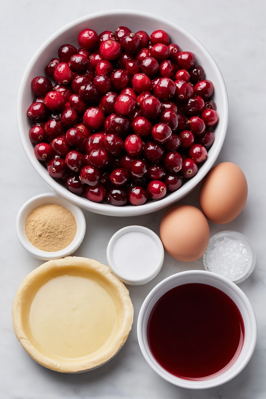 Flat lay of fresh bright red tart cherries with stems removed in a simple white ceramic bowl, a small white bowl of glossy thick cherry juice, another small white bowl containing fine white cane sugar, a small white bowl with smooth white cornstarch powder, a small white bowl holding warm golden cinnamon powder, a small white bowl with fine beige ground ginger, a small white bowl of clear almond extract liquid, a pinch of coarse white salt displayed neatly on the white ceramic surface, a round chilled pale golden pie crust disk placed on a simple white ceramic plate, one large uncracked brown egg resting on the surface, and a small white bowl with clear water, all arranged symmetrically and balanced, placed on a clean white marble surface, soft natural light, photo taken with an iPhone, professional food photography style, fresh ingredients, white ceramic bowls, no bottles, no duplicates, no utensils, no packaging --ar 2:3 --v 7 --p m7354615311229779997