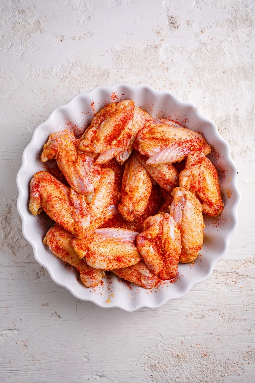 A close-up image shows a woman's hand holding a single crispy, golden-brown chicken wing topped with melted cheese and small green herb pieces. In the background, there is a white plate with more chicken wings covered in the same melted cheese and herbs, slightly blurred to keep focus on the held wing. The wings have a crunchy texture with visible seasoning and cheese strands. The scene is set on a white marbled surface with a light-colored cloth beneath the plate. A blurred white bowl with a light creamy sauce is visible in the upper left corner. The overall lighting is bright and natural, highlighting the warm colors of the wings photo taken with an iphone --ar 2:3 --v 7