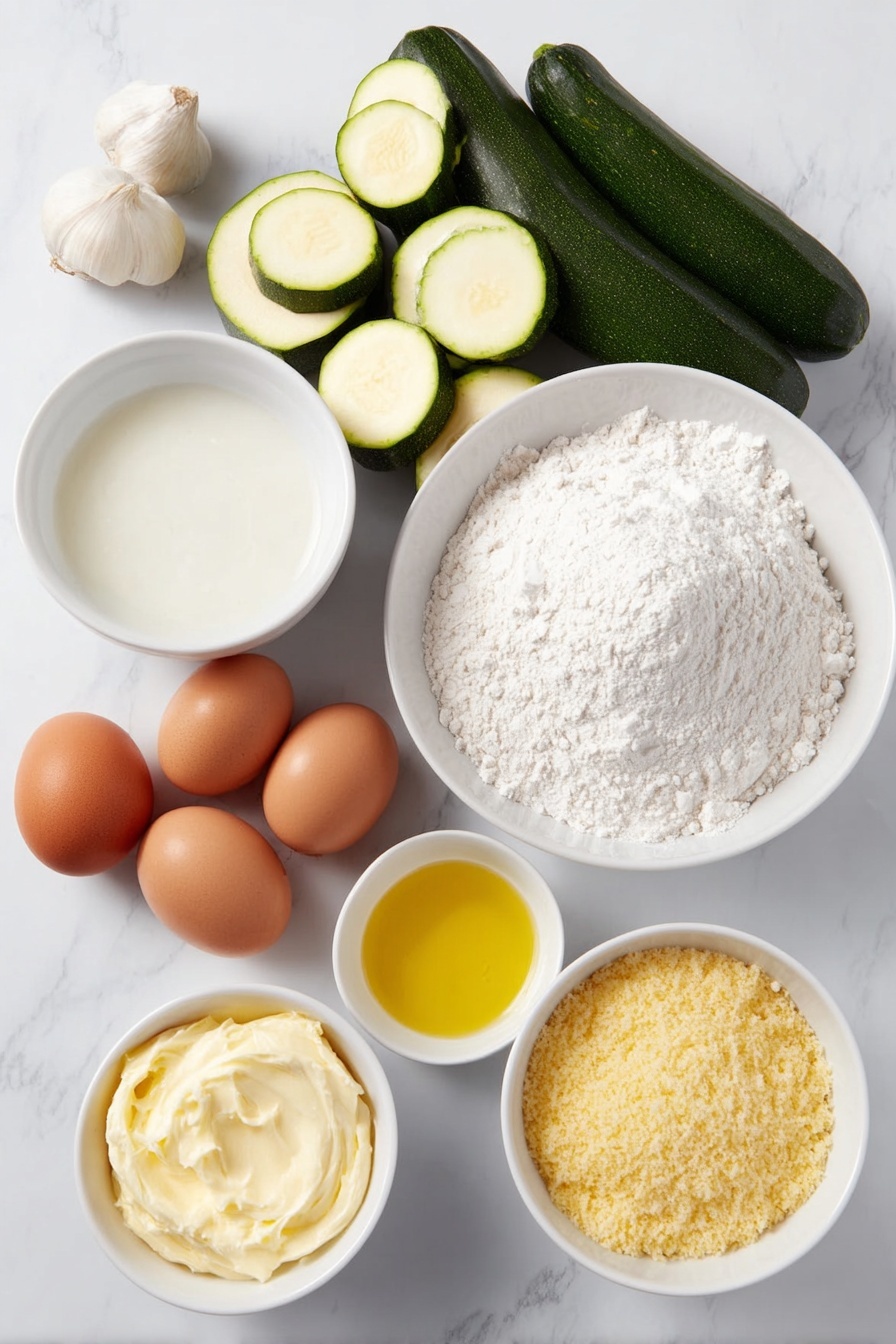 Flat lay of two medium fresh zucchini, sliced into thick rounds, a small mound of fine white all-purpose flour in a white ceramic bowl, two whole brown eggs with clean shells placed beside a white bowl of beaten egg wash, a white bowl filled with golden panko bread crumbs, a small white bowl containing extra light olive oil, a small white bowl of creamy mayonnaise, a fresh whole garlic clove, a fresh lemon half, and a small white bowl with a mix of sea salt and freshly ground black pepper all arranged in perfect symmetry, fresh and natural, no packaging or utensils, simple white ceramic bowls, balanced proportions placed on a clean white marble surface, soft natural light, photo taken with an iPhone, professional food photography style, fresh ingredients, white ceramic bowls, no bottles, no duplicates, no utensils, no packaging --ar 2:3 --v 7 --p m7354615311229779997