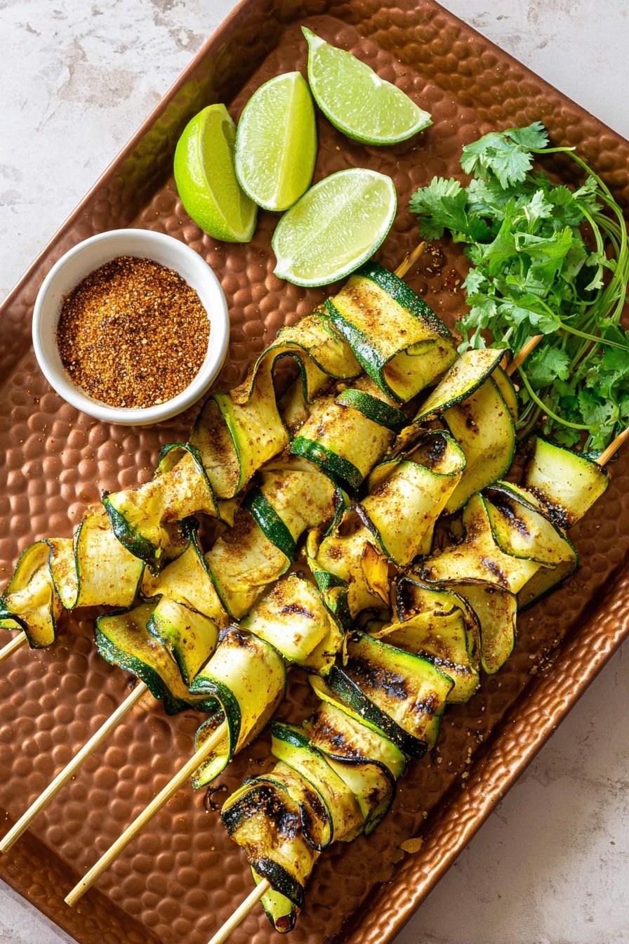 The image shows three skewers of grilled zucchini ribbons arranged side by side on a textured copper tray. Each skewer has many thin, folded light green zucchini slices with dark green edges, with some char marks giving a slightly browned look. At the top edge of the tray, three lime wedges are placed together, showing a fresh bright green color. To the left side of the tray, there is a small white bowl filled with a reddish-brown spice mix. On the right side of the tray, fresh green cilantro sprigs are resting on the tray surface. The tray sits on a white marbled texture surface. photo taken with an iphone --ar 2:3 --v 7