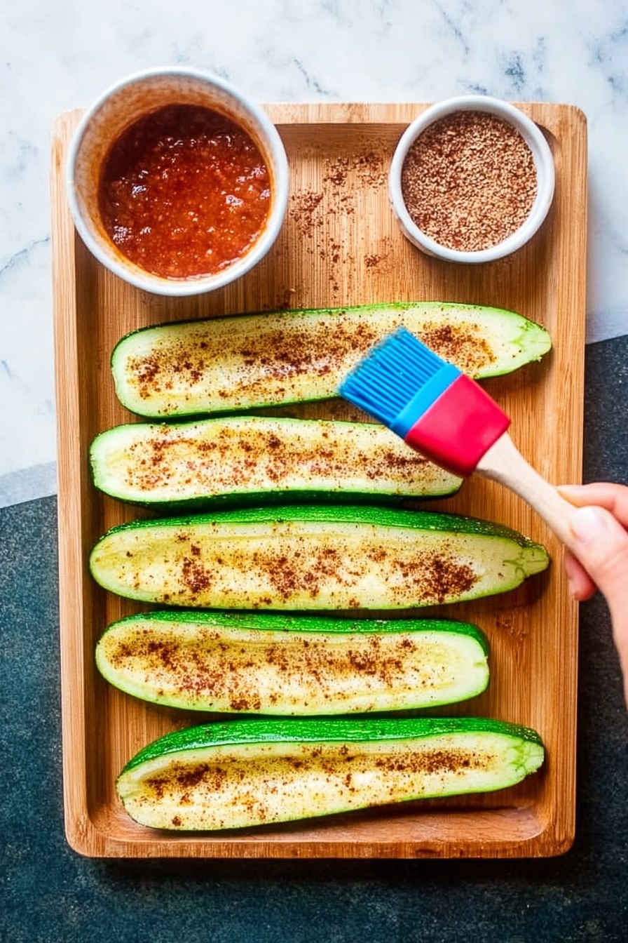 A white plate sits on a white marbled surface. On the plate, three items are arranged side by side: a grilled corn cob with char marks and a lemon wedge on the left, a skewer next to it with yellow pieces and thin green spiral slices, and two grilled pieces of meat on the right. A pair of wooden tongs holds one piece of meat. In the background, a small wooden bowl with brown spices and a white cloth with thin stripes are visible, along with green leafy herbs in the lower left corner. photo taken with an iphone --ar 2:3 --v 7