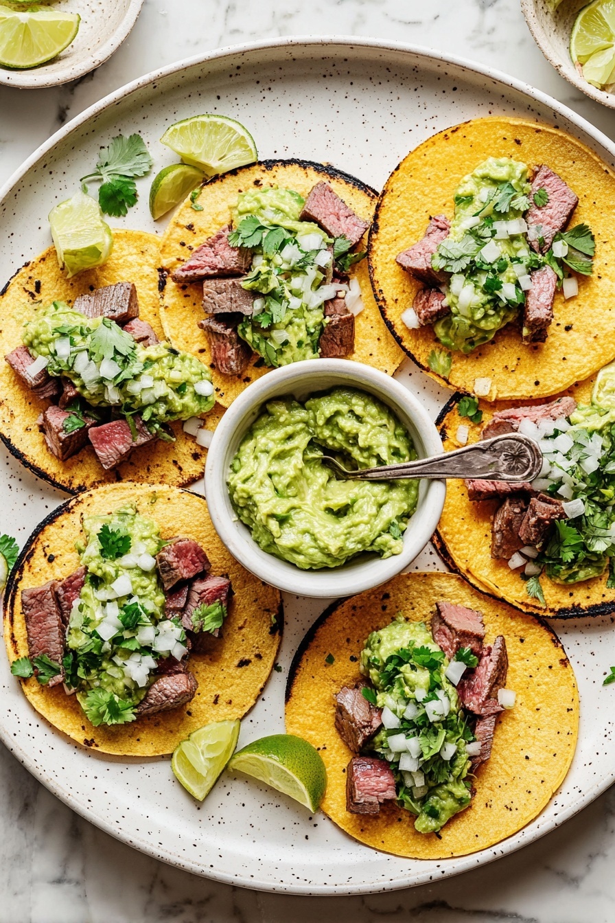 The image shows five grilled steak tacos arranged on a large white speckled plate. Each taco has three layers: a charred yellow corn tortilla base, a thick green guacamole spread in the middle, and small pinkish grilled steak cubes on top. They are garnished with white chopped onions and green cilantro leaves. On the plate, there are also green lime wedges scattered around the tacos. In the center of the plate, there is a small white bowl filled with chunky guacamole, with a silver spoon inside it. The plate is set on a white marbled surface. Photo taken with an iphone --ar 2:3 --v 7