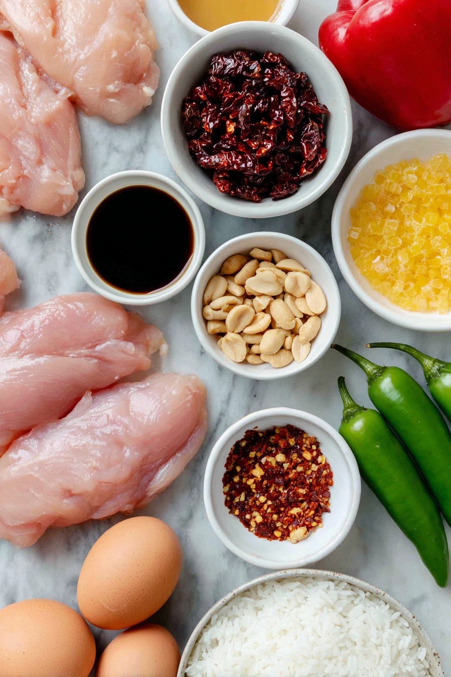 Flat lay of fresh raw chicken breast pieces next to a small white bowl of dark soy sauce, whole uncracked brown eggs, a large vibrant red bell pepper chopped, two bright green serrano peppers sliced, a handful of dried red chile de arbol peppers, whole Szechuan peppercorns scattered, chopped raw peanuts in a small white bowl, a small white bowl containing golden sesame oil, fresh minced ginger roots, a small white bowl of honey with a honey dipper removed, a small white bowl of fiery red chili garlic sauce, a small white bowl of crushed red pepper flakes, small white bowl with ground Chinese five spice, a small white bowl of rice vinegar, small white bowl with cornstarch powder, and a portion of cooked white rice arranged neatly with perfect symmetry — no utensils, no packaging, no duplicates, all ingredients fresh and natural, simple white ceramic bowls placed on a clean white marble surface, soft natural light, photo taken with an iPhone, professional food photography style, fresh ingredients, white ceramic bowls, no bottles, no duplicates, no utensils, no packaging --ar 2:3 --v 7 --p m7354615311229779997