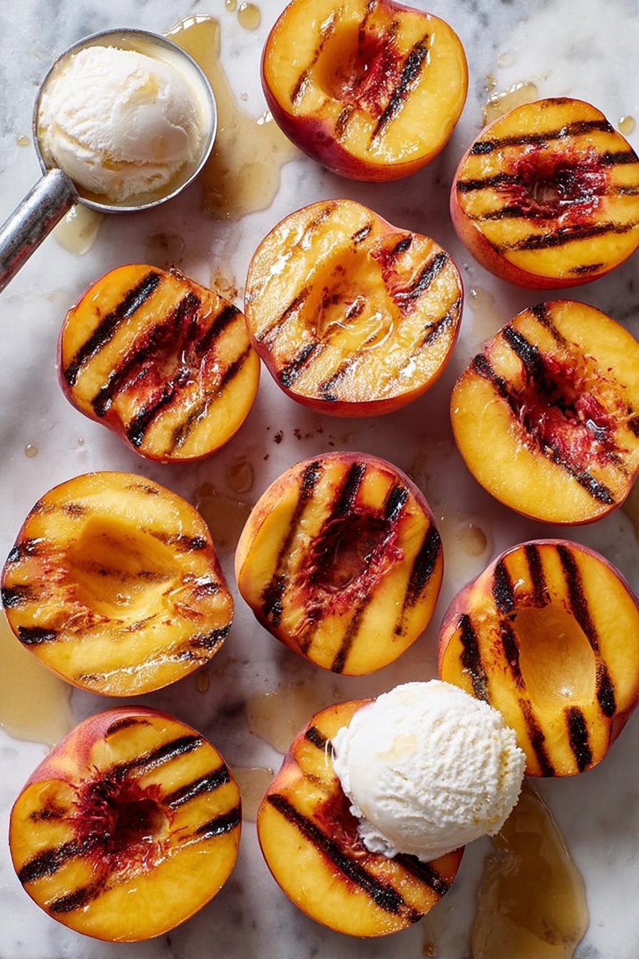 The image shows eleven peach halves with dark brown grill marks arranged on a white marbled surface. The peaches have bright yellow flesh with some orange-red areas and slightly charred edges. There is a small white scoop of ice cream on one peach half in the lower right corner, melting a little. A metal ice cream scoop filled with some extra ice cream sits near the top left. Light golden syrup is drizzled around and on the peaches, adding a glossy shine. The texture of the peaches looks soft and juicy. photo taken with an iphone --ar 2:3 --v 7