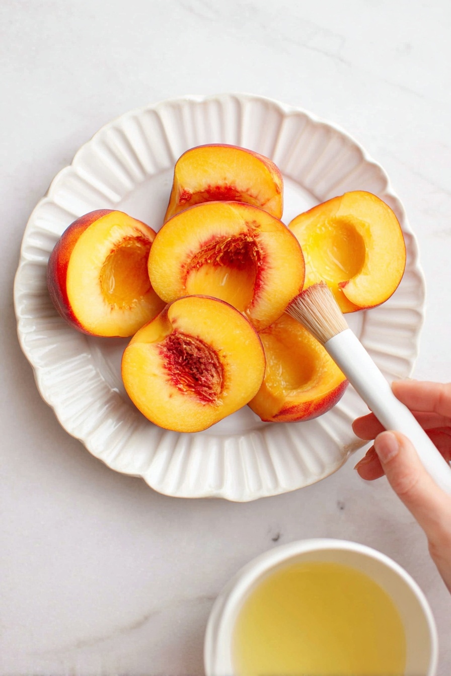 The image shows two halves of a grilled peach with caramelized, slightly charred marks on the golden yellow flesh, sitting on a white speckled plate with white marbled texture. Next to the peach halves are two scoops of creamy, pale yellow vanilla ice cream, melting slightly and creating a soft contrast to the warm fruit. The juicy, shiny peach surface reflects light, emphasizing the texture and grill marks, with the ice cream providing a smooth, cold layer beside the warm, vibrant fruit photo taken with an iphone --ar 2:3 --v 7