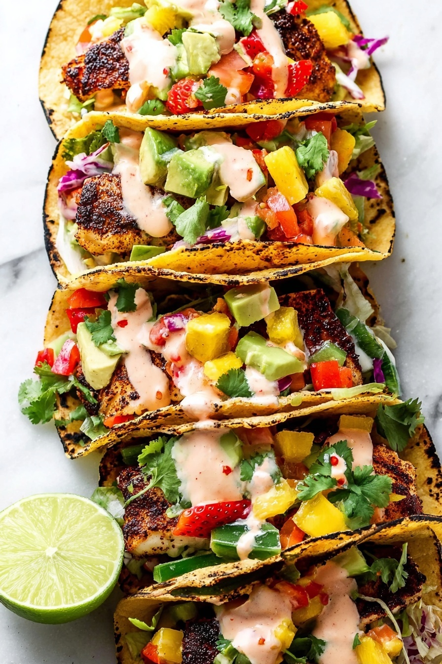 Four tacos are lined up on a white marbled surface, each with three layers of golden brown slightly charred corn tortillas. Inside, the first layer has grilled fish pieces with a dark, crispy crust. On top of that, there is a colorful mix of diced avocado, red onion, red and yellow bell peppers, and fresh green cilantro leaves. Drizzled over everything is a creamy, light pink sauce with small red and green specks. A halved lime with visible juicy segments sits in the lower left corner. Photo taken with an iphone --ar 2:3 --v 7
