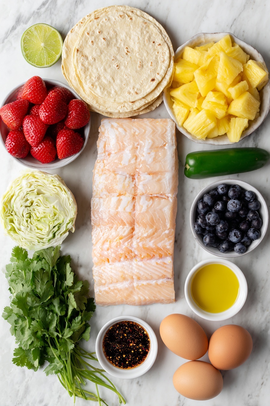 Flat lay of a fresh, skinless mahi mahi fillet with pale pink flesh, a stack of soft six-inch corn tortillas, thinly sliced green cabbage leaves, bright red hulled and chopped strawberries, juicy yellow pineapple chunks, plump deep blue blueberries, diced vibrant red onion, two green jalapeños sliced with seeds removed, a small bunch of fresh cilantro with bright green leaves, two whole uncracked brown eggs, a small white ceramic bowl of golden olive oil, a small white ceramic bowl of freshly squeezed lime juice, and a small white ceramic bowl of dark soy sauce mixed with paprika and spices, all arranged symmetrically and balanced on a clean white marble surface, soft natural light, photo taken with an iPhone, professional food photography style, fresh ingredients, white ceramic bowls, no bottles, no duplicates, no utensils, no packaging --ar 2:3 --v 7 --p m7354615311229779997