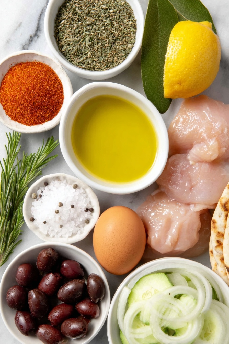 Flat lay of peeled garlic cloves, dried oregano sprigs, dried rosemary twigs, bright red sweet paprika powder in a small white bowl, coarse kosher salt crystals in a small white bowl, whole black peppercorns in a small white bowl, small white bowl of golden extra virgin olive oil, small white bowl of clear dry white wine, a lemon cut in half showing juicy interior, two fresh green bay leaves, raw organic boneless skinless chicken breast pieces, whole brown eggs with clean shells, ripe red tomatoes sliced, fresh crisp cucumber slices, thinly sliced white onion rings, whole glossy black Kalamata olives, thick Greek pita bread stacked neatly — all arranged symmetrically on a clean white marble surface, soft natural light, photo taken with an iPhone, professional food photography style, fresh ingredients, white ceramic bowls, no bottles, no duplicates, no utensils, no packaging --ar 2:3 --v 7 --p m7354615311229779997