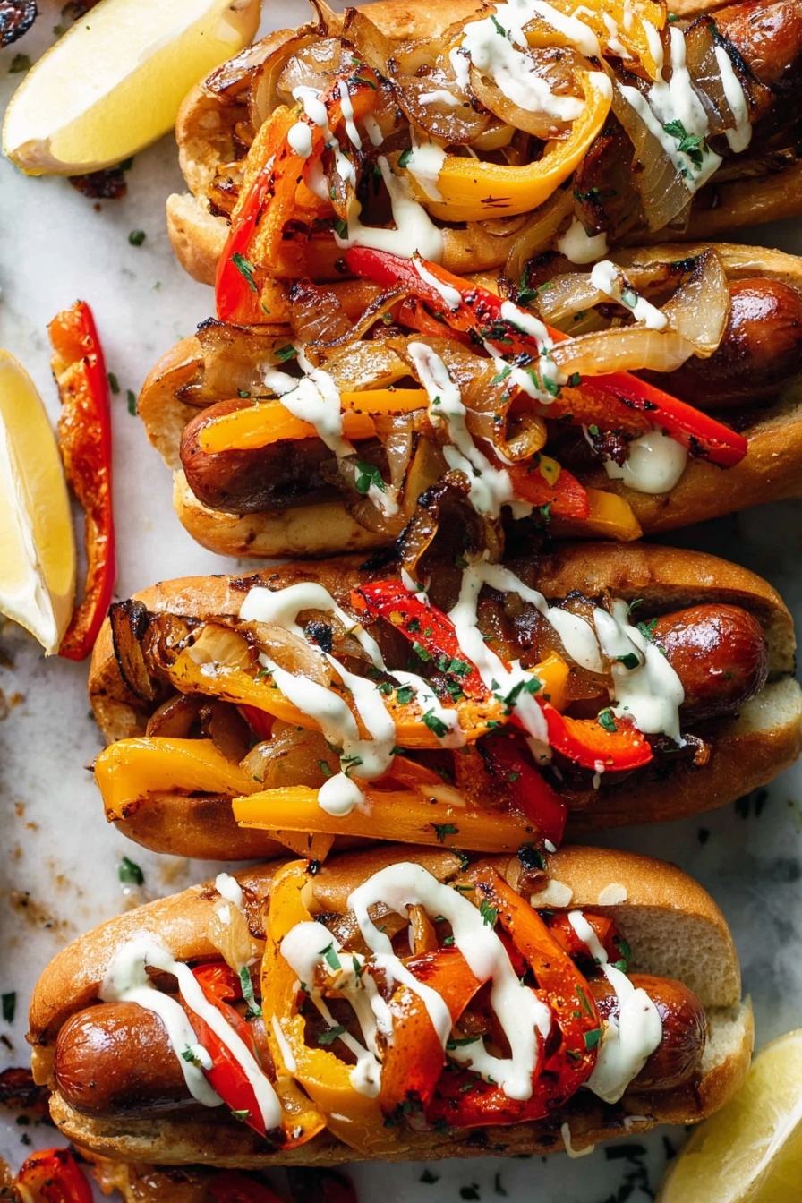The image shows four hot dogs placed close to each other on a white marbled surface. Each hot dog has a soft, split bun with a browned sausage inside. On top of the sausages, there is a layer of grilled red, yellow, and orange bell peppers mixed with caramelized onions, giving a colorful and slightly charred look. Lastly, a drizzle of white creamy sauce is spread over the vegetables and sausage, adding contrast to the vibrant colors. Some lemon wedges and grilled pepper pieces are scattered around the hot dogs. Photo taken with an iphone --ar 2:3 --v 7