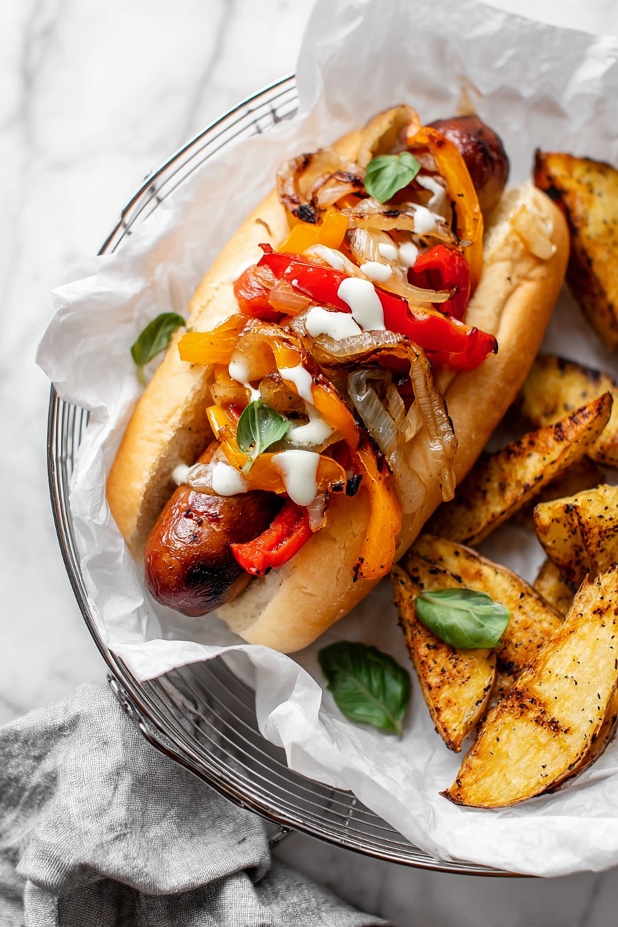 A silver baking tray holds four neat rows of food items arranged from top to bottom. The first row has purple onion halves and slices, layered from left to right with smooth, shiny textures and white inner rings contrasted by deep purple outer layers. The second row features whole and halved red and yellow bell peppers, displaying glossy, smooth skins with vibrant red and yellow colors. The third row has more yellow and orange bell peppers, some whole and some hollowed out, showing their shiny, textured insides. The last row consists of five golden-brown hot dog buns lined up horizontally, one of which is open revealing its soft, fluffy white inside. The background surface is a white marbled texture. Photo taken with an iphone --ar 2:3 --v 7