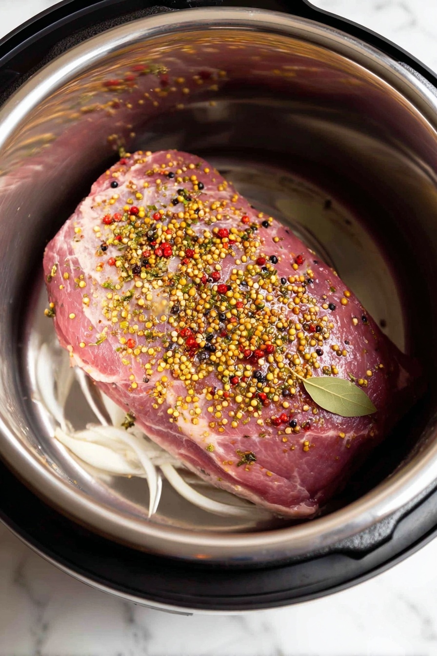 A white plate holds a meal with three layers: the first layer is light yellow cooked cabbage on the left, the second layer is small round brown potatoes scattered around the plate, and bright orange carrot pieces sprinkled with green herbs mixed among potatoes; the third layer is two thick slices of pinkish cooked meat on the right side, topped with a coarse grainy mustard sauce. The plate is on a white marbled surface with a fork on the bottom right and a green cloth partially visible on the lower left. Photo taken with an iphone --ar 2:3 --v 7