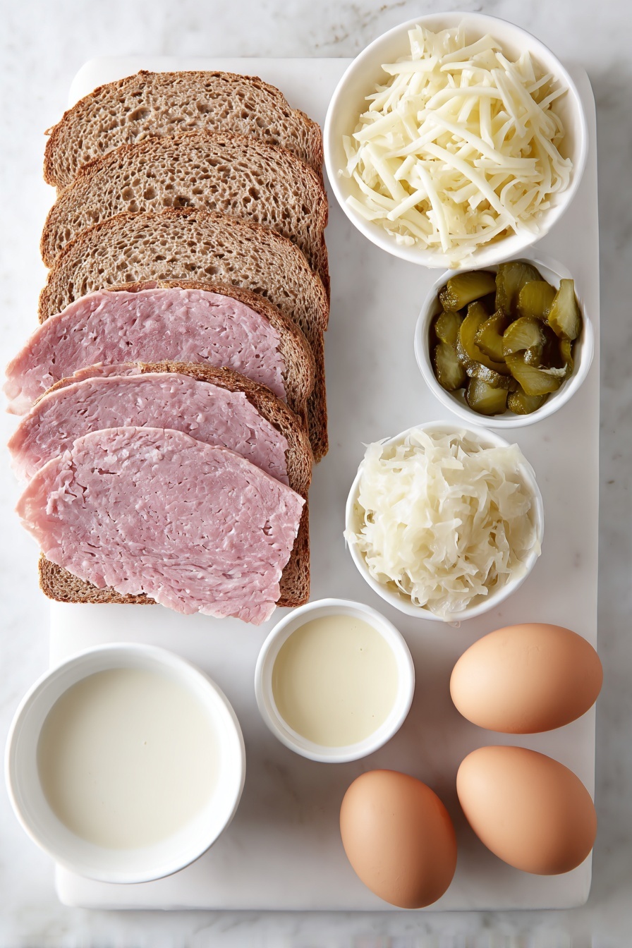 Flat lay of six slices of fresh rye bread, a pile of thinly sliced pink pastrami, a small mound of well-drained sauerkraut, a heap of shredded Swiss cheese with a pale yellow color, a small white ceramic bowl filled with chopped dill pickles, another small white bowl holding whole caraway seeds, a small white bowl with creamy thousand island dressing, a small white bowl containing smooth yellow mustard, a small white bowl with fresh whole uncracked brown eggs, and a small white bowl of fresh milk — all arranged in perfect symmetry on a clean white ceramic surface, placed on a clean white marble surface, soft natural light, photo taken with an iPhone, professional food photography style, fresh ingredients, white ceramic bowls, no bottles, no duplicates, no utensils, no packaging --ar 2:3 --v 7 --p m7354615311229779997