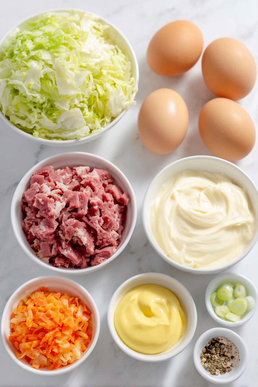 Flat lay of twelve whole uncracked brown eggs, a small white ceramic bowl of diced pink corned beef, a small white ceramic bowl of finely chopped fresh green cabbage, a small white ceramic bowl of smooth creamy mayonnaise, a small white ceramic bowl of bright yellow Dijon mustard, a small white ceramic bowl with freshly ground black pepper and salt, a small white ceramic bowl of finely grated vibrant orange carrots, and a few thinly sliced green onion rings arranged neatly, all placed on a clean white marble surface, soft natural light, photo taken with an iPhone, professional food photography style, fresh ingredients, white ceramic bowls, no bottles, no duplicates, no utensils, no packaging --ar 2:3 --v 7 --p m7354615311229779997
