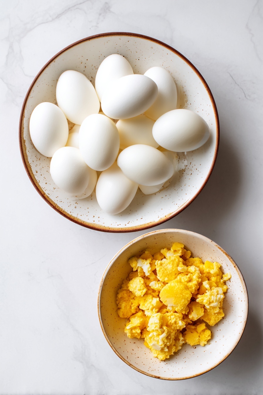 A close-up of a woman's hand holding a half of a white boiled egg filled with a creamy yellow filling mixed with small bits of brown, topped with finely chopped orange carrot pieces and a small green cilantro leaf on top. In the background, on a white plate, there are many more halves of boiled eggs with the same creamy filling, orange carrot pieces, and green cilantro leaves, all placed on a white marbled surface. The image has a bright, fresh look with soft focus on the background eggs and sharp focus on the egg held in the woman's hand. photo taken with an iphone --ar 2:3 --v 7