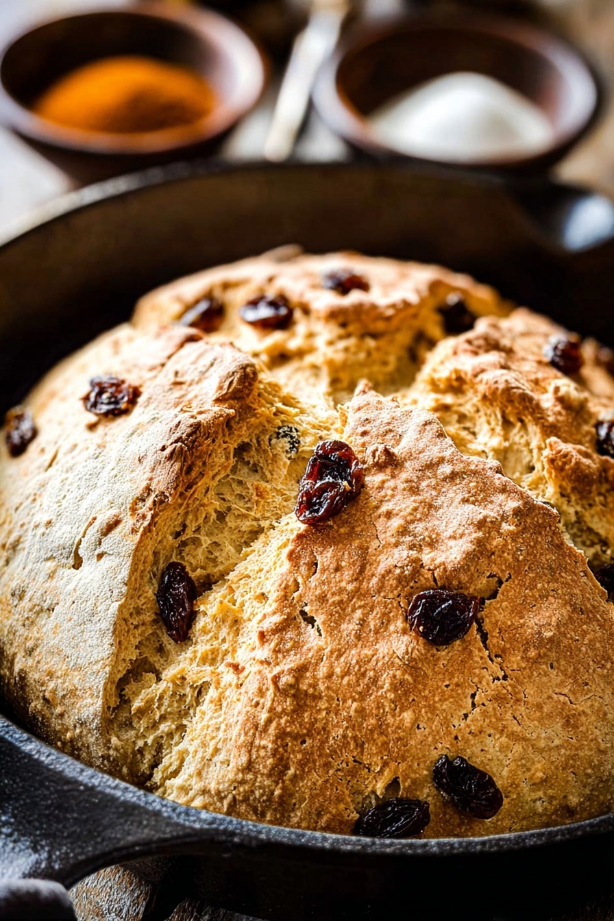 A round loaf of bread with a cracked golden brown crust sits inside a black cast iron pan, showing a rough and slightly fluffy texture on top. Dark raisins are scattered across the surface, peeking through the crust in several places, adding small dark spots to the warm tan color of the bread. The background shows blurred bowls with spices, all resting on a white marbled surface. The lighting highlights the rough texture and color contrasts on the bread, giving it a fresh and rustic look. Photo taken with an iphone --ar 2:3 --v 7