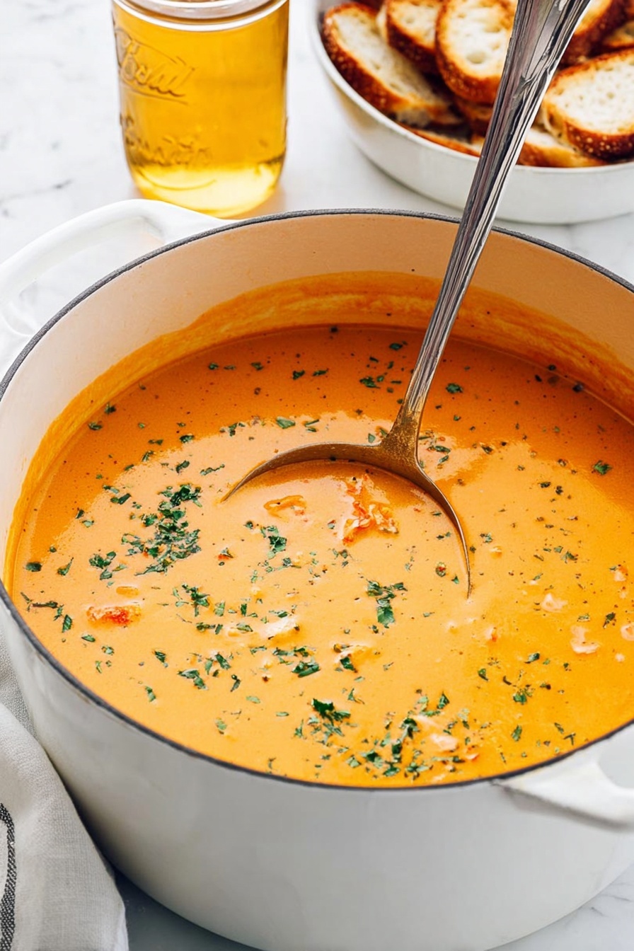 A large white pot filled with a creamy orange soup that has small bits of herbs sprinkled on top, with some small orange and light chunks visible within the soup. The soup has a smooth texture with a few finely chopped green herbs floating on the surface. A long silver ladle rests inside the pot, its handle leaning on the rim. In the background, there is a clear mason jar filled with a golden liquid, and a white bowl filled with slices of toasted bread is partly visible. All items rest on a white marbled surface photo taken with an iphone --ar 2:3 --v 7