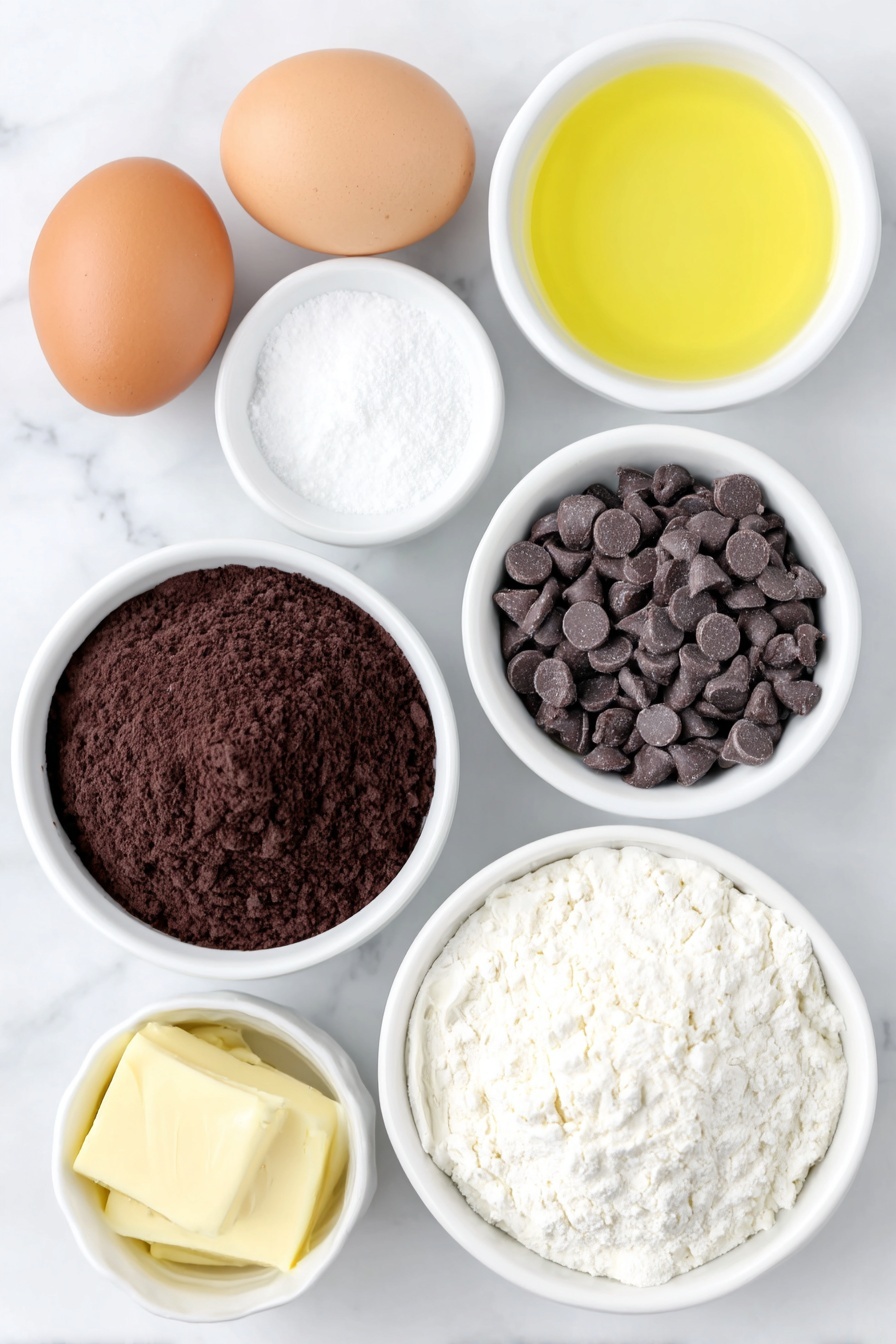 Flat lay of a small white ceramic bowl of dark Dutch-processed cocoa powder, a small white ceramic bowl filled with glossy semi-sweet chocolate chips, a small white ceramic bowl with smooth powdered sugar, a small white ceramic bowl of golden melted unsalted butter, a small white ceramic bowl of rich dark Guinness stout beer, a small white ceramic bowl of clear vegetable oil, two large whole brown eggs with clean shells, a small white ceramic bowl of fine all-purpose flour, a few coffee beans representing espresso powder, a vanilla bean pod, and a small white ceramic bowl of coarse salt, all arranged with perfect symmetry and realistic proportions, placed on a clean white marble surface, soft natural light, photo taken with an iPhone, professional food photography style, fresh ingredients, white ceramic bowls, no bottles, no duplicates, no utensils, no packaging --ar 2:3 --v 7 --p m7354615311229779997