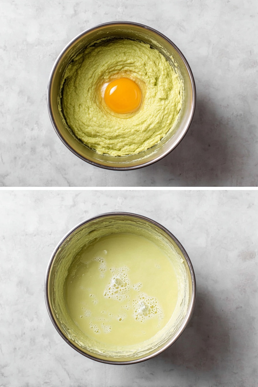 A slice of light green cake with a thick creamy pale green layer on top is on a white plate, garnished with chopped pistachios. The cake looks soft and moist with a slightly rough texture, while the creamy top is smooth and fluffy. The slice is placed slightly off-center with a silver fork resting on the right side of the plate. Behind it, a white baking dish filled with the same layered cake is visible, also sprinkled with chopped pistachios. The setting features a white marbled surface with loose pistachio nuts and crumbs scattered around, and a green cloth partially visible on the right. photo taken with an iphone --ar 2:3 --v 7