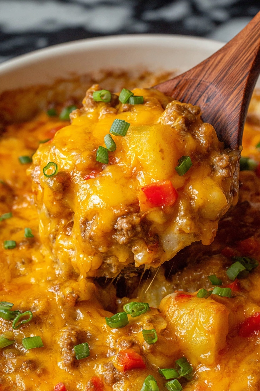 A close-up of a rich, creamy cheesy dish showing multiple layers mixed together in a white bowl set on a white marbled surface. The bottom layer has cooked ground meat and small soft potato cubes, creating a textured, chunky base in light brown and pale yellow shades. Above this, a thick layer of melted bright orange cheddar cheese covers the meat and potatoes, with a glossy, slightly oily surface. There are small diced red bell peppers and evenly scattered chopped green onions on top, adding bright red and green colors that stand out. A wooden spoon lifts a serving, showing the thick, gooey cheese stretching and coating the mixed ingredients in a warm, comforting way. photo taken with an iphone --ar 2:3 --v 7