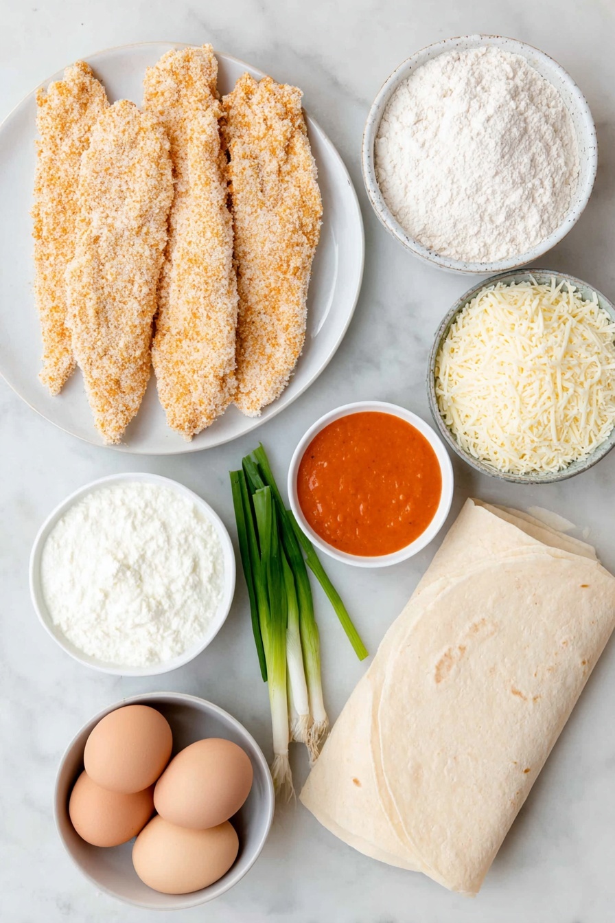 Flat lay of frozen breaded chicken strips arranged neatly on a simple white ceramic plate, a small white ceramic bowl filled with vibrant orange buffalo sauce, several uncooked flat lasagna noodles fanned out on a white ceramic dish, a heap of finely grated mozzarella cheese on a white ceramic plate, thinly sliced bright green onion piled delicately on a white ceramic dish, a mound of creamy ricotta cheese on a white ceramic bowl, a smooth dollop of softened cream cheese on a white ceramic plate, a pat of pale yellow butter resting on a white ceramic dish, a small white ceramic bowl of white all-purpose flour, a small white ceramic bowl filled with whole milk, a generous pile of sharp cheddar cheese shredded finely on a white ceramic plate, several chunks of crumbly blue cheese on a white ceramic plate, two whole uncracked brown eggs placed symmetrically on a white ceramic dish, placed on a clean white marble surface, soft natural light, photo taken with an iPhone, professional food photography style, fresh ingredients, white ceramic bowls, no bottles, no duplicates, no utensils, no packaging --ar 2:3 --v 7 --p m7354615311229779997