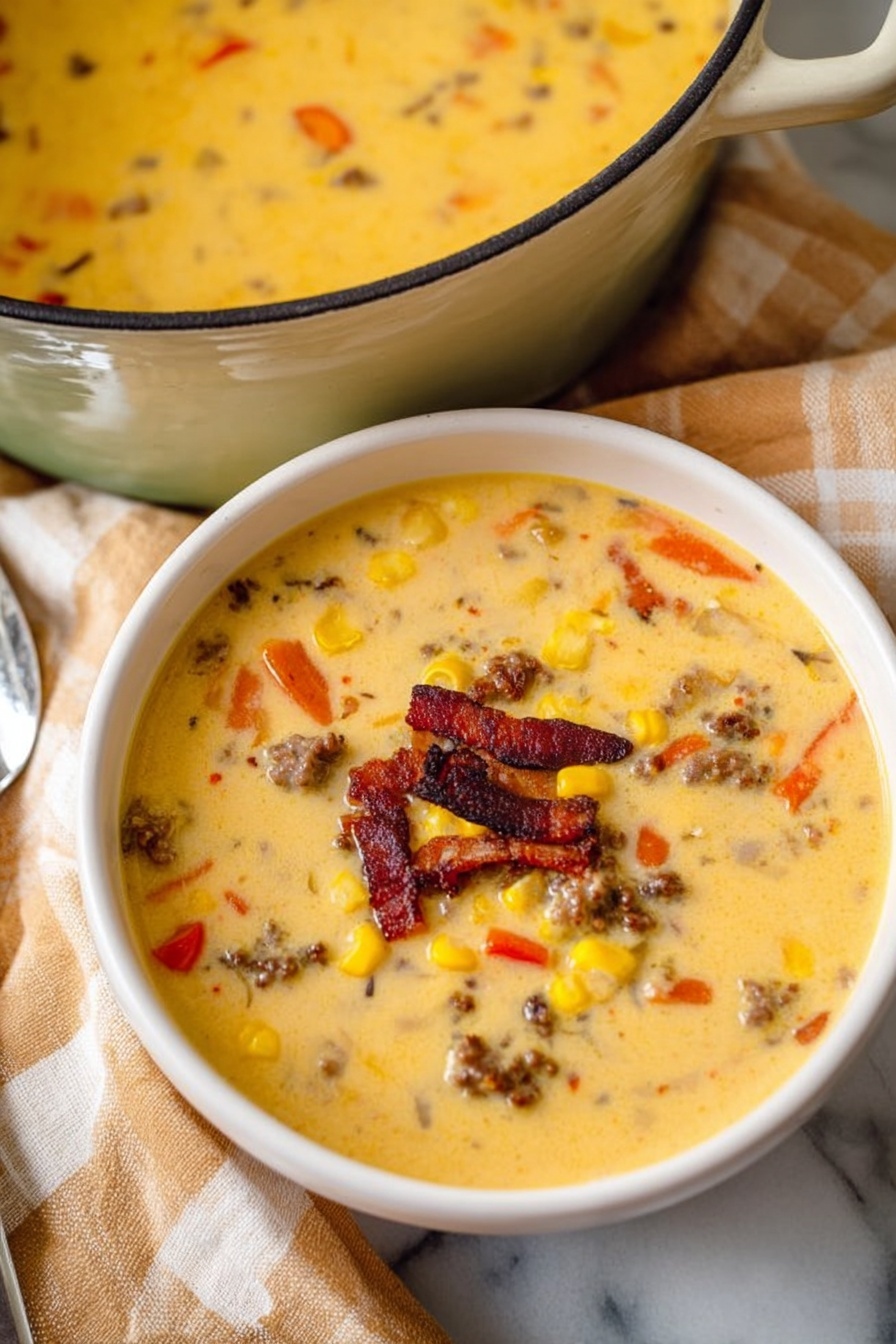 A white pot filled with a mix of diced orange carrots, pale green celery, and white onions covers the bottom layer, topped by two layers of raw ground meat, one side dark red and the other pinkish brown. A teal spatula with a wooden handle rests inside the pot on the right side, and the pot is placed on a white marbled surface. Photo taken with an iphone --ar 2:3 --v 7