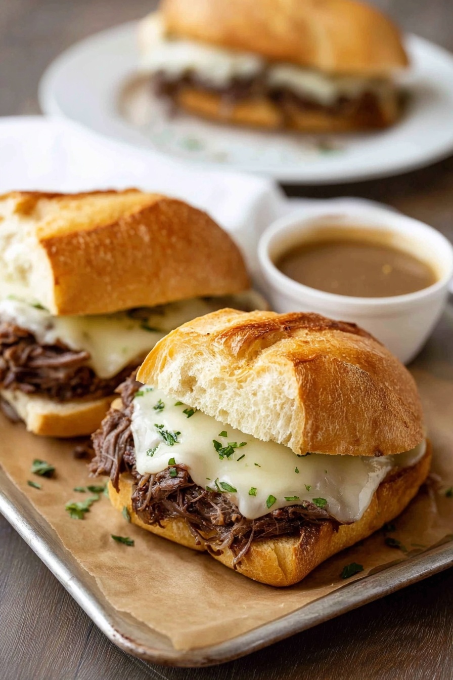 The image shows two sandwiches on a white tray lined with white paper, each sandwich made with a golden brown crusty roll cut in half. Inside each sandwich there is a thick layer of dark brown shredded meat topped with a layer of melted white cheese that looks creamy and soft, garnished with small green herbs. In the background, there is a white plate with another sandwich and a small transparent bowl of light brown sauce. The surface beneath everything is a white marbled texture. photo taken with an iphone --ar 2:3 --v 7