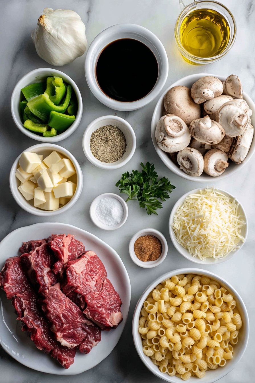 Flat lay of a small white ceramic bowl of golden olive oil, a pile of thinly sliced raw ribeye steak, a cluster of fresh baby bella mushrooms sliced, a diced yellow onion, a diced green bell pepper, four peeled garlic cloves, a small white bowl of dark Worcestershire sauce, a small white bowl containing smoked paprika powder, a small white bowl with onion powder, a small white bowl of garlic powder, a small white bowl of salt, a small white bowl of black pepper, a simple white ceramic bowl filled with rich beef broth, a small white bowl of heavy cream, a small heap of uncooked cavatappi pasta, several slices of pale provolone cheese arranged neatly, a small mound of shredded mozzarella cheese, a few pats of unsalted butter, and a small pile of chopped fresh parsley, all placed on a clean white marble surface, soft natural light, photo taken with an iPhone, professional food photography style, fresh ingredients, white ceramic bowls, no bottles, no duplicates, no utensils, no packaging --ar 2:3 --v 7 --p m7354615311229779997
