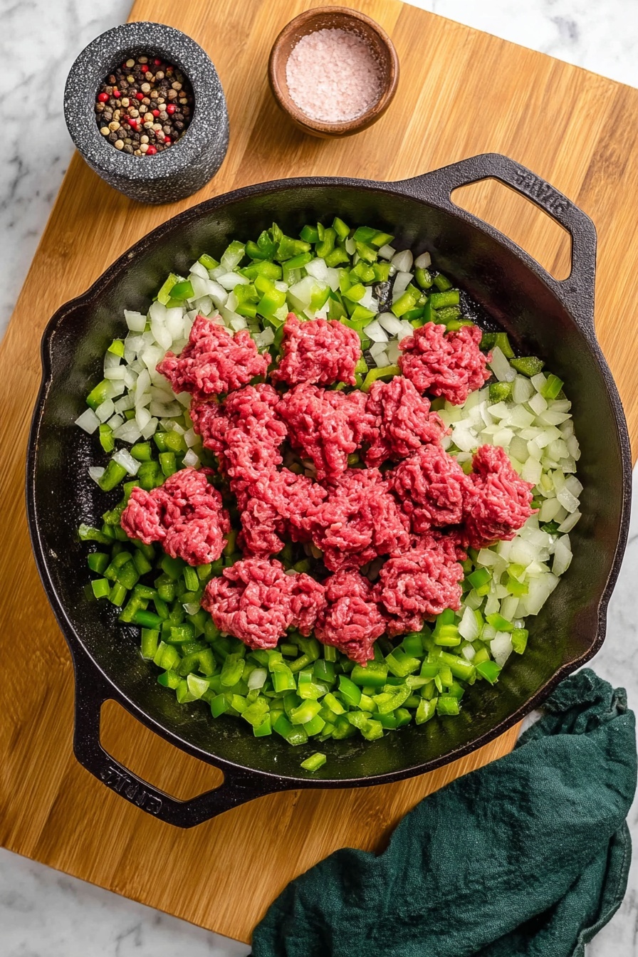 A white plate holds a serving of cheesy spaghetti bake, showing about three layers: light golden melted cheese on top with bits of chopped green herbs, beneath that a mix of spaghetti noodles with visible pieces of cooked ground meat and red tomato sauce that blends with the cheese, and the bottom layer of noodles and sauce slightly visible. The plate is on a white marbled surface with some green parsley around and a gold fork nearby. In the background, there is a white baking dish filled with more spaghetti bake and some fresh green herbs and a red bell pepper partly visible. photo taken with an iphone --ar 2:3 --v 7