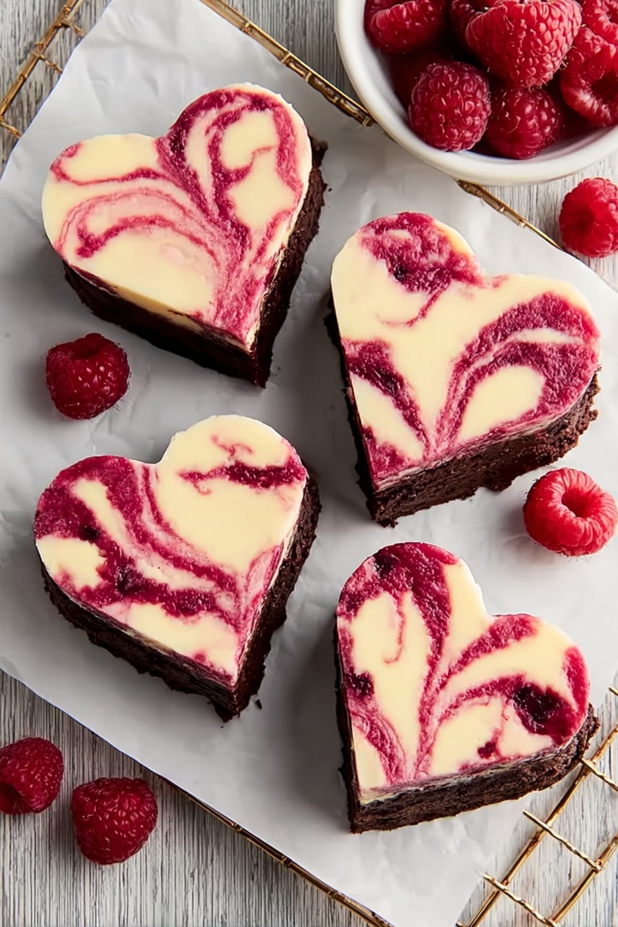 Four heart-shaped desserts sit on a white parchment paper over a gold cooling rack on a wood texture. Each heart has two clear layers: the bottom is dark brown and dense, and the top is creamy white with pinkish-red swirls mixed in a marbled pattern. Around the hearts are fresh red raspberries scattered on the wood-textured surface. There is also a small white bowl in the top right corner filled with more raspberries. photo taken with an iphone --ar 2:3 --v 7